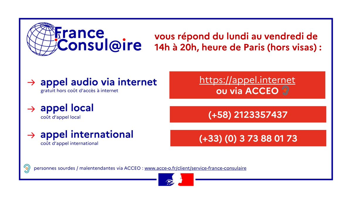 📢 Français au 🇻🇪 : à partir du 4 nov. 2025, le service France Consulaire sera là pour vous aider dans vos démarches consulaires (hors visas). 

🕓 14h–20h (heure de Paris)
🌐 Internet | 📞 Appel local/international | 👂 Acceo
  
ℹ️ Plus d’informations👉 n9.cl/3qx25