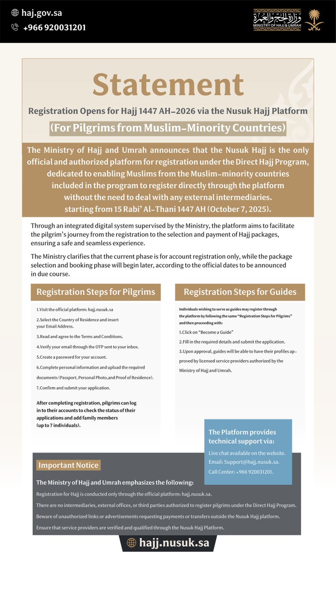 Registration is now open for the Hajj 1447 AH–2026 season!
Pilgrims from Muslim-minority countries included in the Direct Hajj Program can register directly through the official Nusuk Hajj Platform, without the need to deal with any external intermediaries.