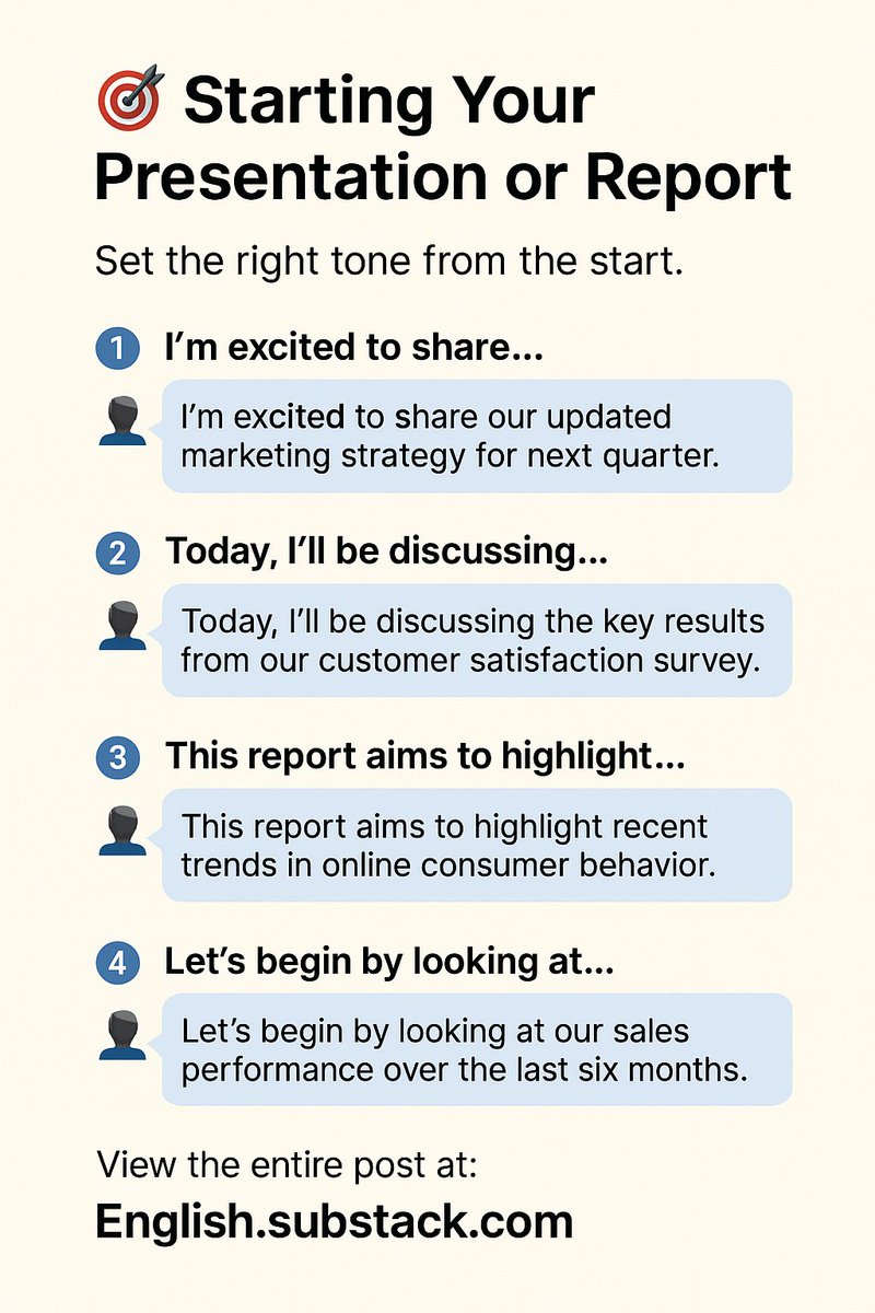 LanguageSuccess's tweet image. Useful #English - Phrases for starting your presentation off on the right foot! 🦵 For the full post with lots more phrases, visit: english.substack.com/p/present-like…