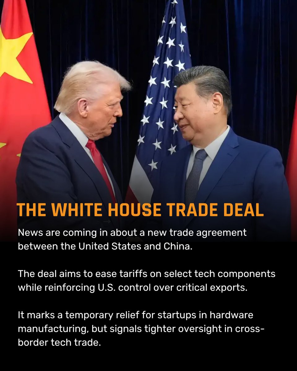 beetechyllc's tweet image. 🇺🇸🤝🇨🇳

A new U.S.–China trade deal is easing tariffs on select tech components but tightening control over critical exports.

Short-term relief for startups in hardware manufacturing... long-term uncertainty for global supply chains.

#TechNews #BeeTechy