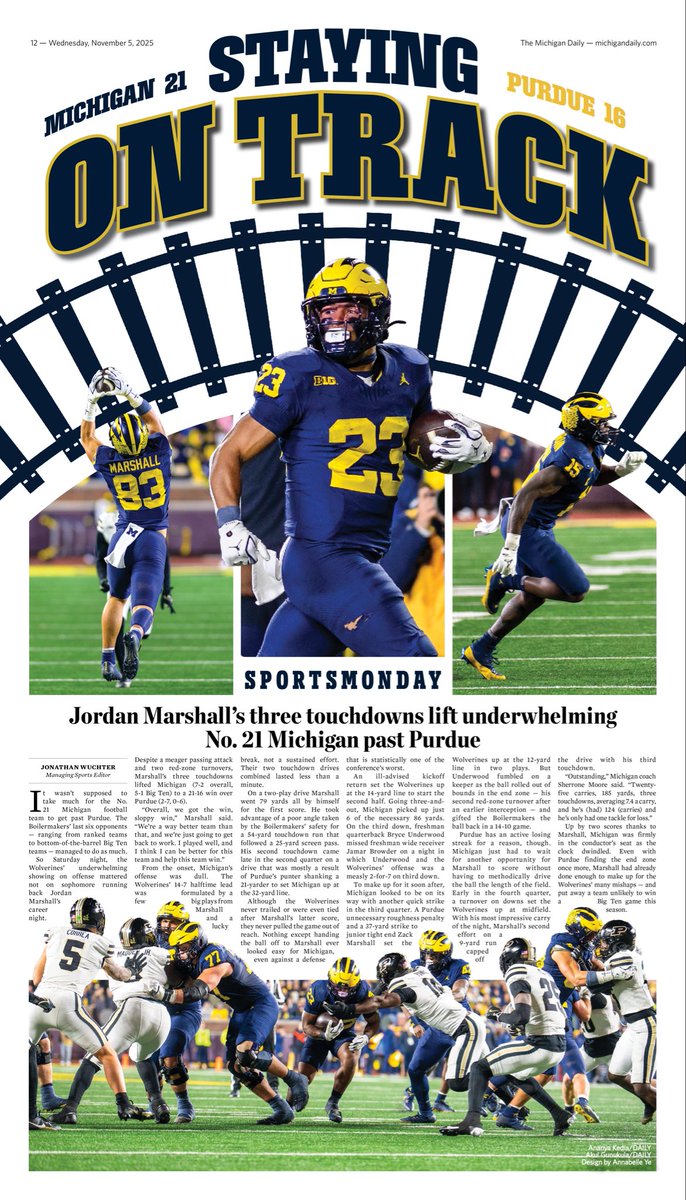 Bringing <a href="/UMichFootball/">Michigan Football</a>’s offense to life, sophomore running back Jordan Marshall’s three touchdowns allowed the Wolverines to come out on top against <a href="/BoilerFootball/">Purdue Football</a>. 

This week’s #SportsMonday cover: Staying on Track.