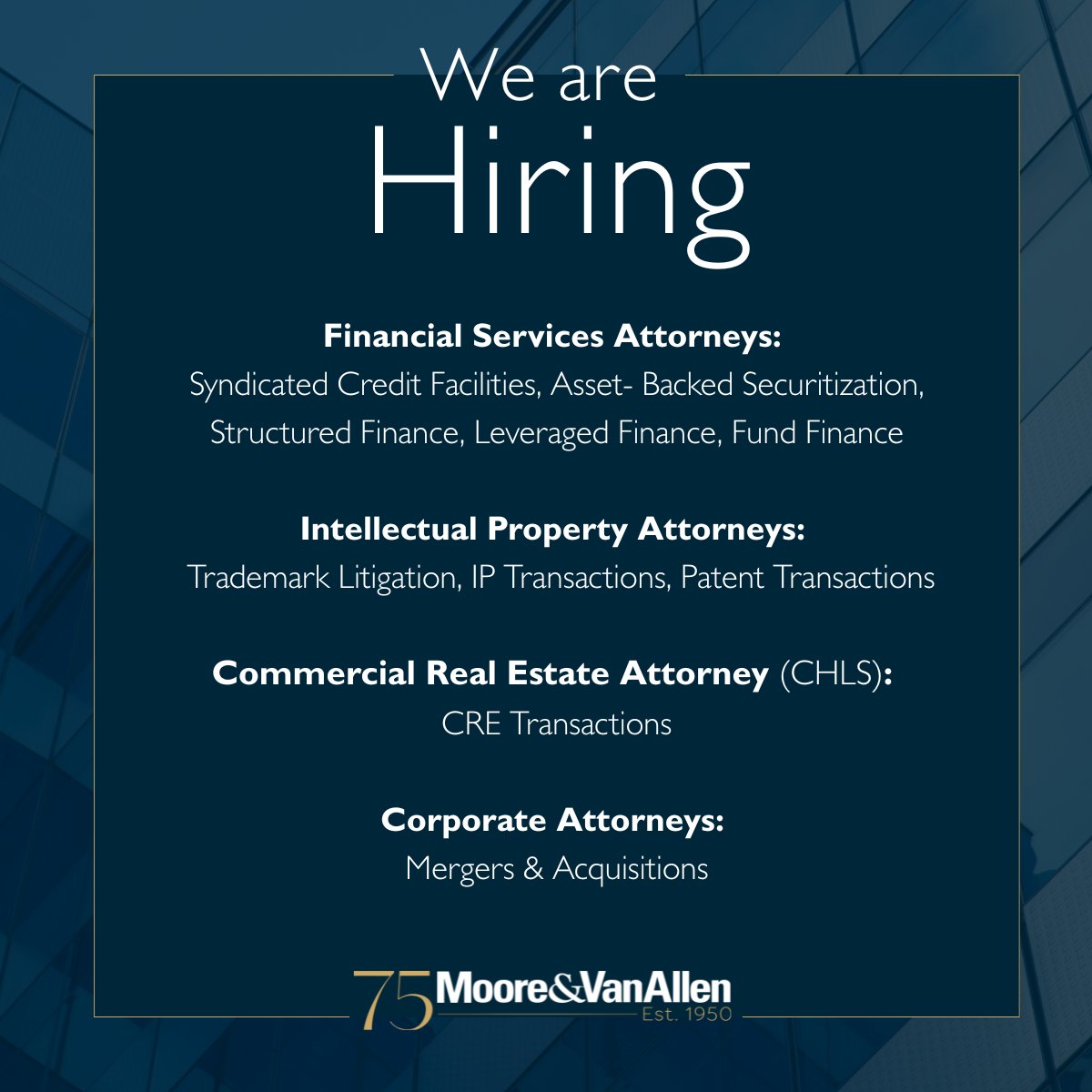 Moore &amp; Van Allen is pleased to announce several open positions across the firm. We invite qualified candidates to review the opportunities highlighted and consider joining our team.

To apply &amp; for more information on the following positions, click here: mvalawselfapply.viglobalcloud.com/viRecruitSelfA…