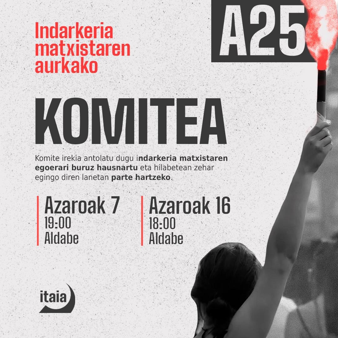 A25 | Indarkeria matxistaren aurkako komitea

Azaroaren 25ari begira, komite irekiak antolatu ditugu indarkeria matxistaren egoeraren inguruan hausnartu eta hilabetean zehar egingo diren lanetan parte hartzeko.

Batu indarkeria matxistaren aurkako komitera!