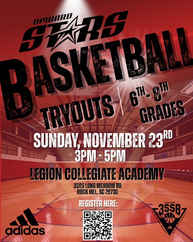 🔥 It’s that time! Middle School Tryouts are here!
Bring your game and show us what you’ve got 💪
📅 Nov 23 | ⏰ 3–5 PM | 📍 Legion Collegiate Academy
Register now — spots will fill fast!
#UpwardStars #FutureStars #adidasbasketball #scbasketball #ncbasketball