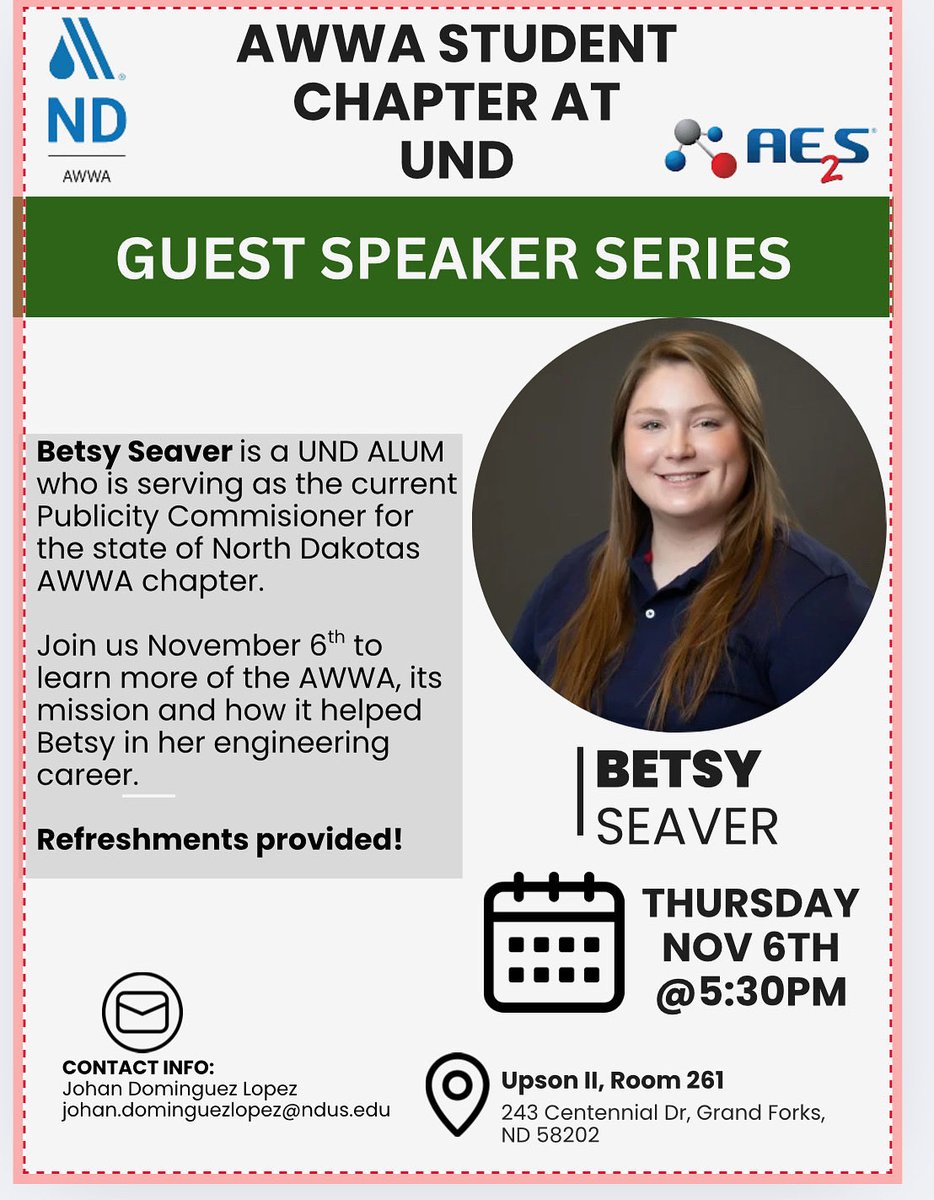 📢 Guest Speaker Series
Hosted by the AWWA Student Chapter <a href="/uofnorthdakota/">U of North Dakota</a> 💧
Join us for an exciting session!!

✅ Networking
✅ Professional Guidance

✨ All students are welcome! don’t miss out!