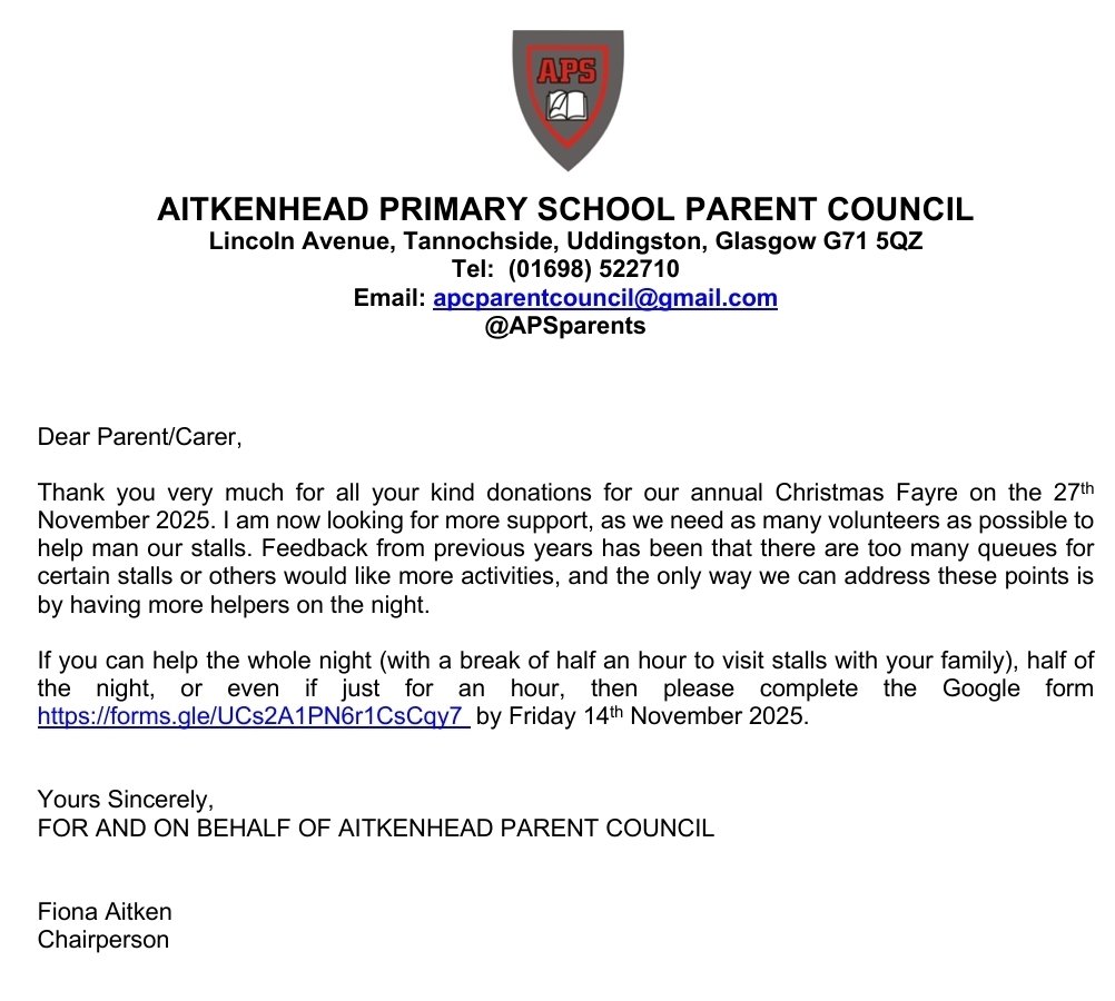 Aitkenhead PS Parent Council tweet media