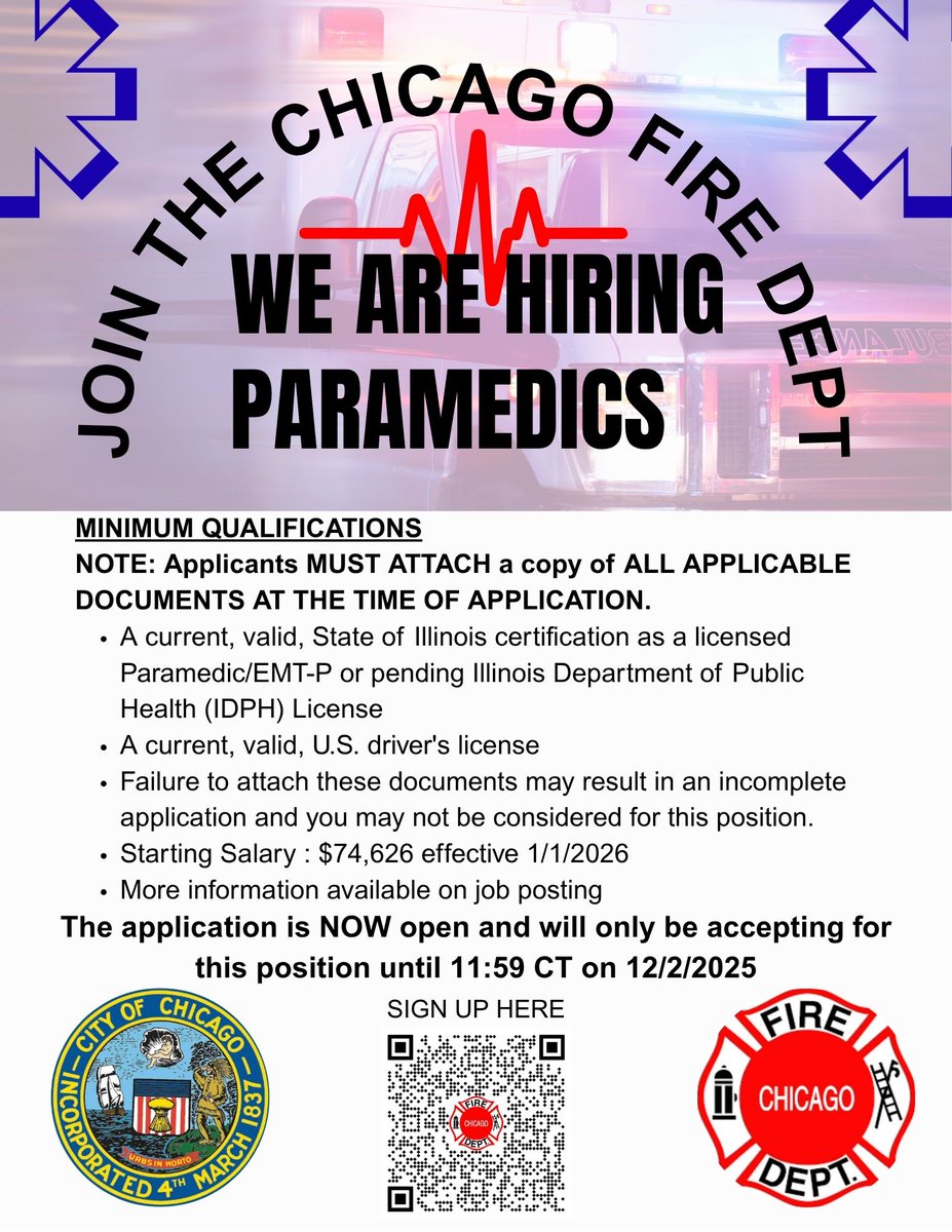 The Chicago Fire Department Paramedic application is now open and accepting interested Paramedics wishing to work for the Midwest's largest Fire Dept.  Follow the link or QR Code below. #CFDSTRONG
