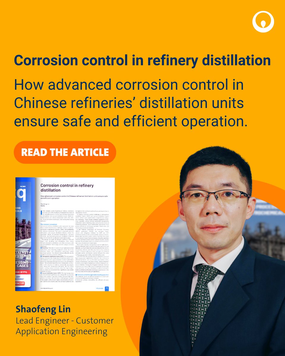 In <a href="/DigitalRefining/">Digital Refining</a>, Shaofeng Lin shares how advanced chemical &amp; digital innovations are transforming corrosion management in refinery distillation units.

Read more (pg. 75–78): bit.ly/48HkoQv