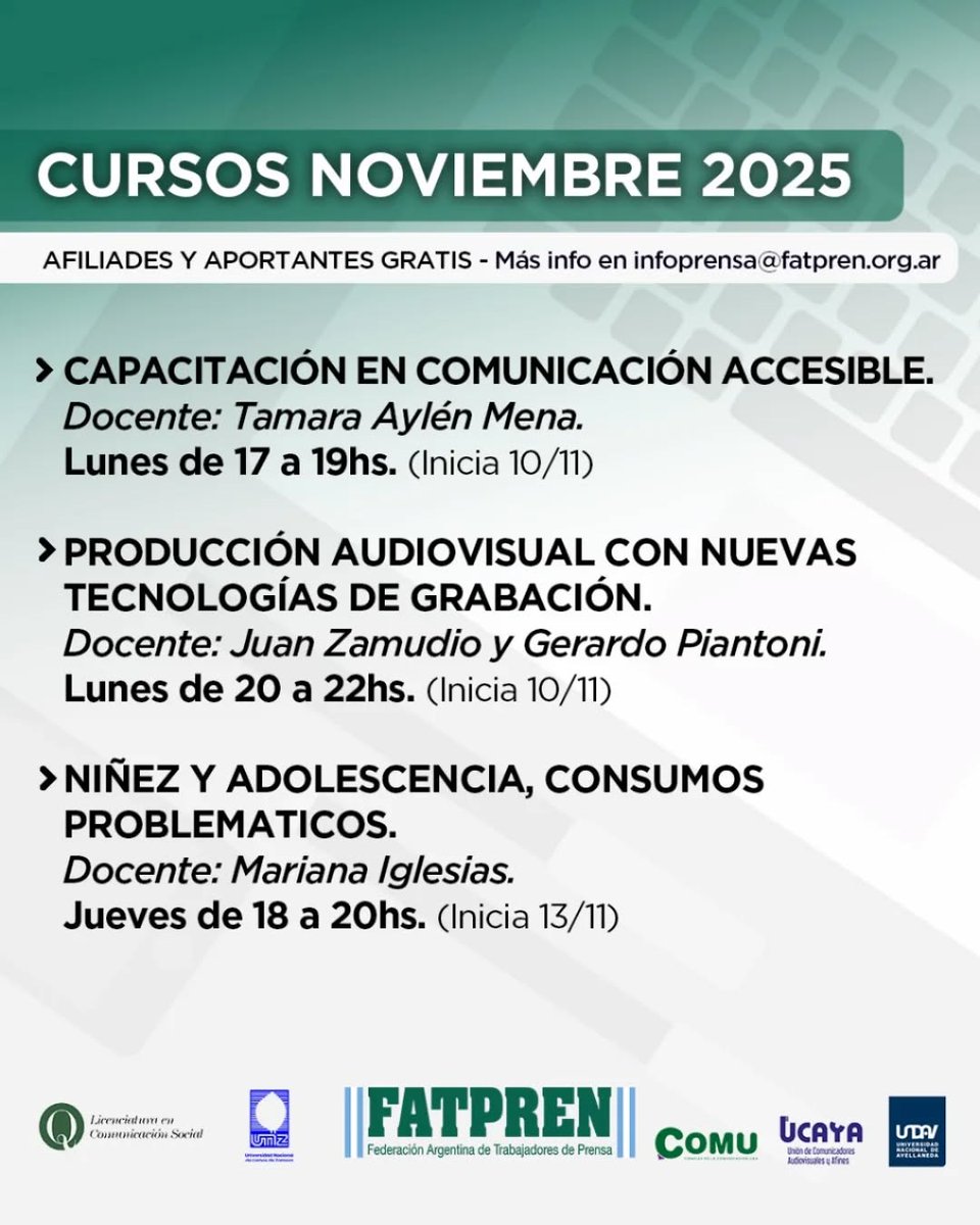 📚 Noviembre: nuevos Cursos de Capacitación virtuales de <a href="/PrensaFATPREN/">FATPREN</a> , gratuitos para afiliades al SiPreBo

🔹 Inscripción hasta el viernes 7/11.

🔎 Para más información visitá nuestra web. Y podés acceder al formulario de inscripción escribiendo a infoprensa@fatpren.org.ar