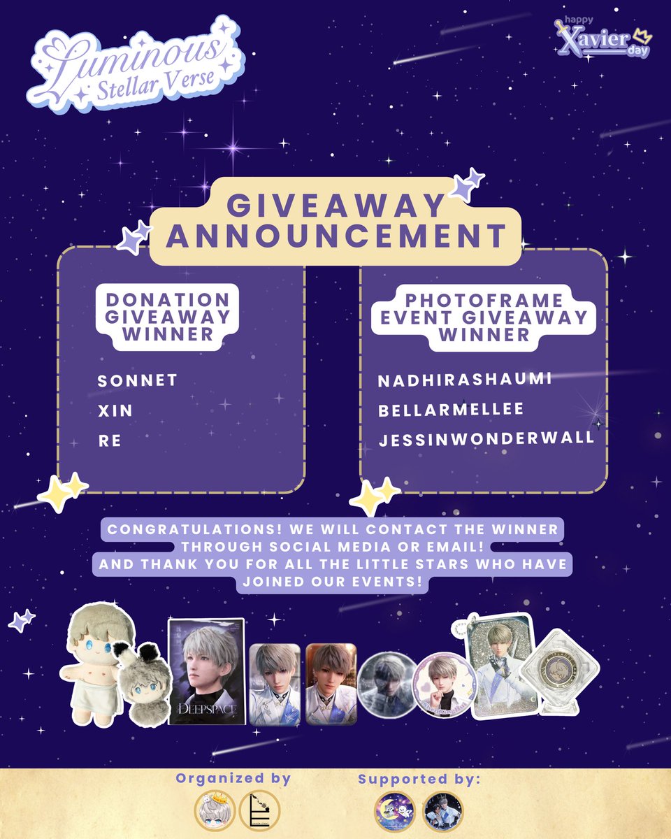 xaviestarlights's tweet photo. Congrats to our giveaway winners!🎉 We’ll contact you via DM/email soon💕
Huge thanks to all Little Stars who joined&donated—We appreciate it a lot and without you, these events will not shine bright. Thank you for sending your lights✨
#StarlightDay #Octovier #HBDXavier #xavier https://t.co/3DgGo7fJ1B