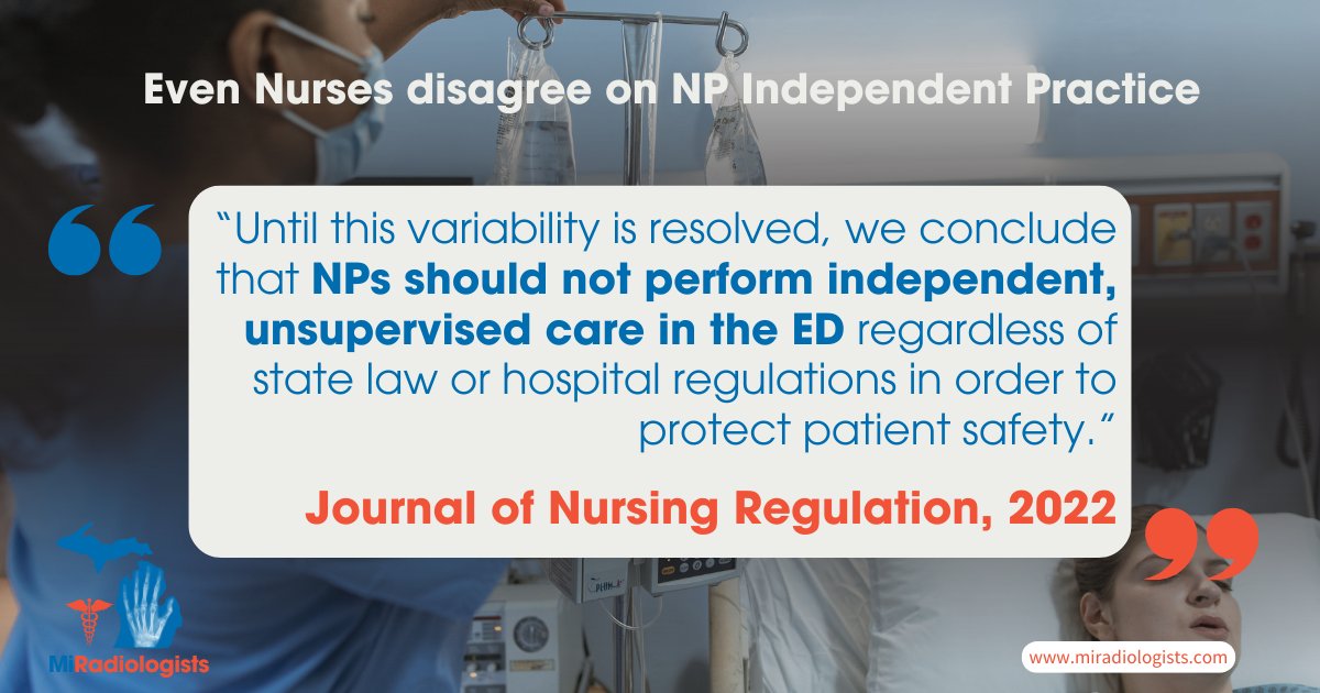 MiRadiologists's tweet image. “NPs should not perform independent, unsupervised care in the emergency department—regardless of state law or hospital regulation—until educational and practice variability is resolved.”

Read the article here: sciencedirect.com/science/articl…

#ScopeOfPractice #PhysicianLedCare