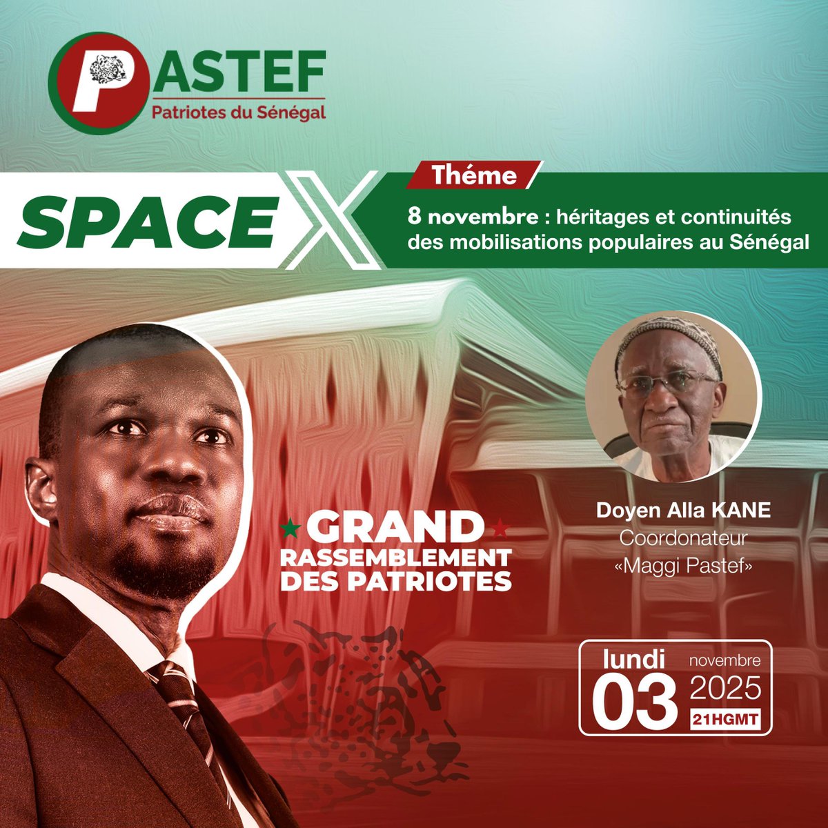 RDV à 21h GMT pour un Space exceptionnel avec le doyen Alla Kane, figure historique des luttes citoyennes, mémoire vivante du combat pour la souveraineté 🇸🇳
et coordonnateur de Magi Pastef. 

Activez les rappels ! 

#TeraMeeting #8novPastef
