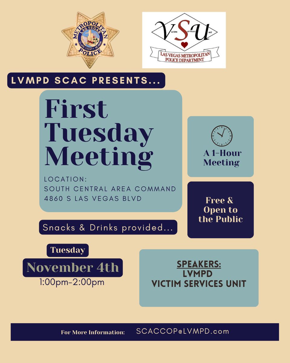 📅 Join Us Tomorrow for First Tuesday!

Come connect with us on Tuesday, Nov 4th from 1–2 PM for our monthly First Tuesday meeting!

We’ll be joined by Victim Advocates from our Victim Services Unit, who will share resources and ways we support victims of crime in our community.