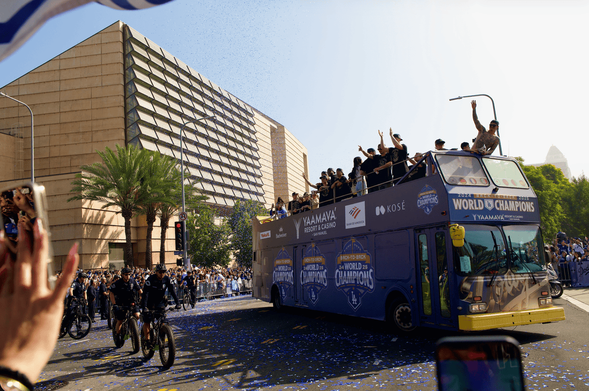 #WorldSeries parade celebrating the @dodgers passes by the Cathedral! Drop a 💙 if you were at the parade today!