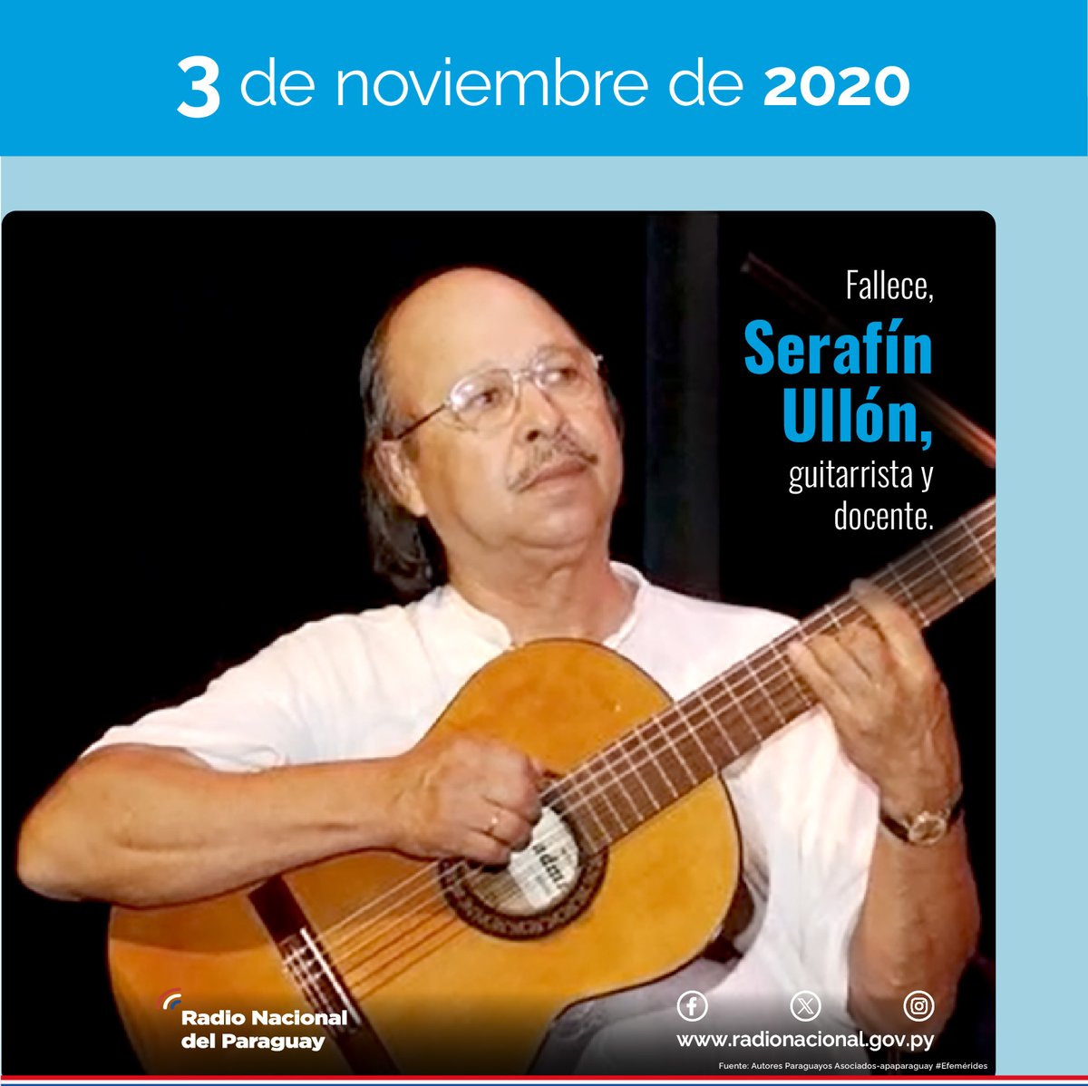 Hoy recordamos 5 años del fallecimiento de Serafín Ullón, guitarrista y maestro formador de varias generaciones de requintistas. Integró el grupo Los Zorzales Paraguayos, el trío Ypacaraí y el trío Cristal. Grabó varios discos en el Brasil con conjuntos y orquestas.