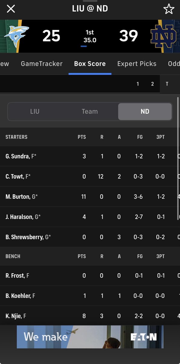 bobbygoocher's tweet photo. Carson Towt halftime stat line. Real ball is back #heart https://t.co/XyGzOkfwc4