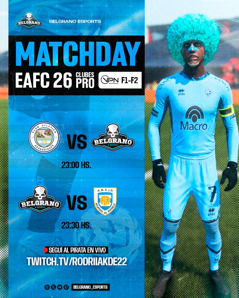 CABesportsok's tweet image. 🩵👋 HOY JUEGA LA BANDA 

🏴‍☠️ Esta noche, debuta #FC26 Clubes Pro en VPN.

🗓 Fecha 1⌚️23:00 hs 🆚️ Argendioses. 
🗓 Fecha 2 ⌚️23:30 hs 🆚️ Atlético Rafaela. 

✨️ ¡Vamos Belgrano que todo va a estar bien!

👉 twitch.tv/rodriiakde22