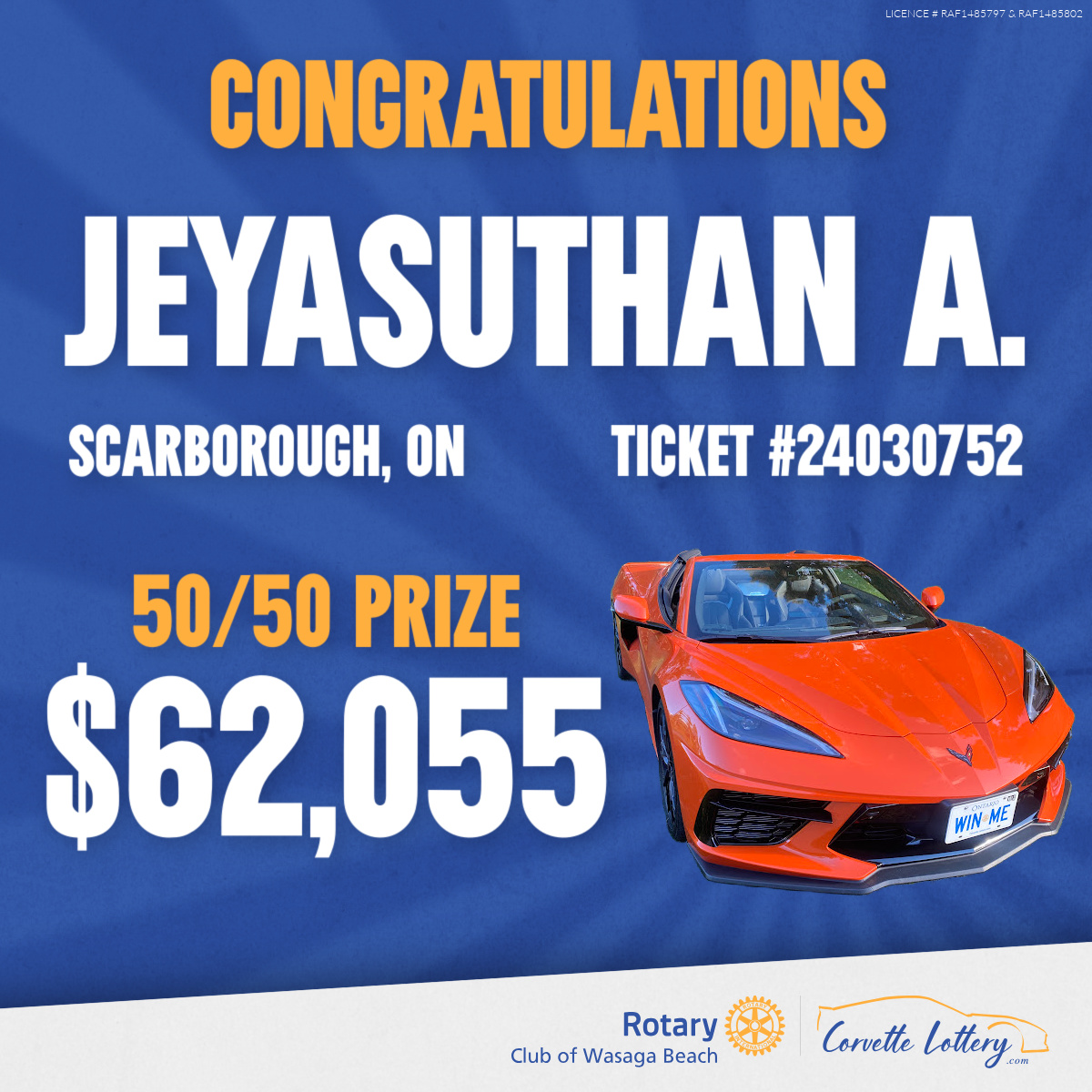 And the winners are...

Diane F. of Wasaga Beach won the 2025 Corvette Stingray!
Jeyasuthan A. of Scarborough took home $62,055 in the 50/50!

Thank you to everyone who supported 35 Ontario charities this year!

🔗 corvettelottery.com

AGCO Licences: RAF1485802 | RAF1485797