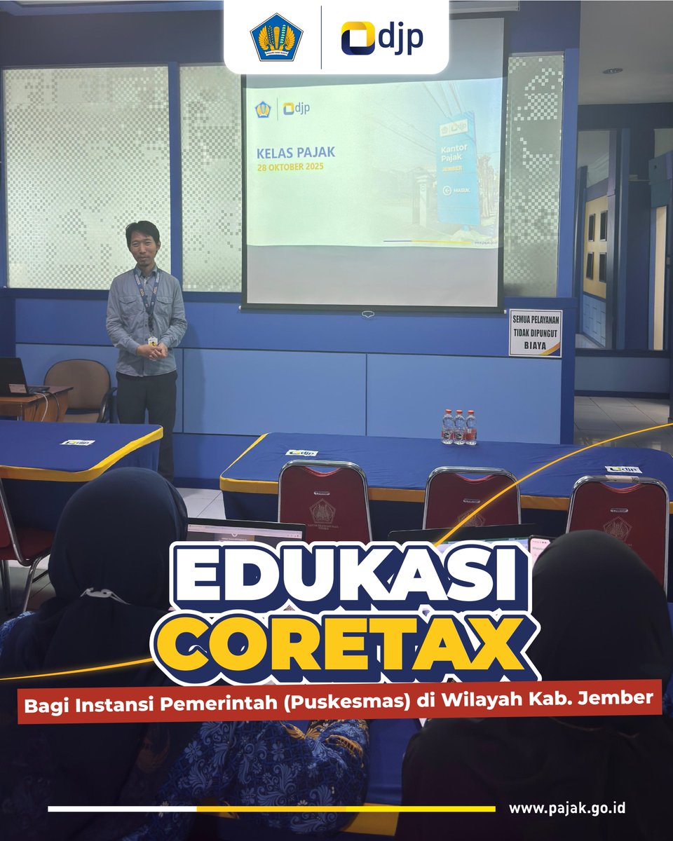 pajakjember's tweet photo. Kantor Pelayanan Pajak (KPP) Pratama Jember menyelenggarakan Kelas Pajak Edukasi Coretax Instansi Pemerintah bagi Puskesmas di wilayah Kabupaten Jember, bertempat di Kantor KPP Pratama Jember (Rabu, 28/10). https://t.co/StOQDjauWU