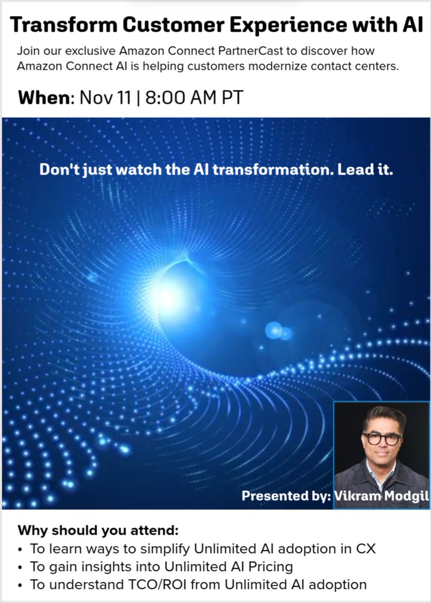 speech_ai's tweet photo. @awscloud @AWS_Partners please join me as I co-host an  AWS PartnerCast and discover how #AmazonConnect's #UnlimitedAI is helping enterprises modernize their #contactcenters.

When: Tuesday, November 11, 2025 8:00 AM - 9:30 AM PT 

Registration link: https://t.co/oLIr6dL4A1