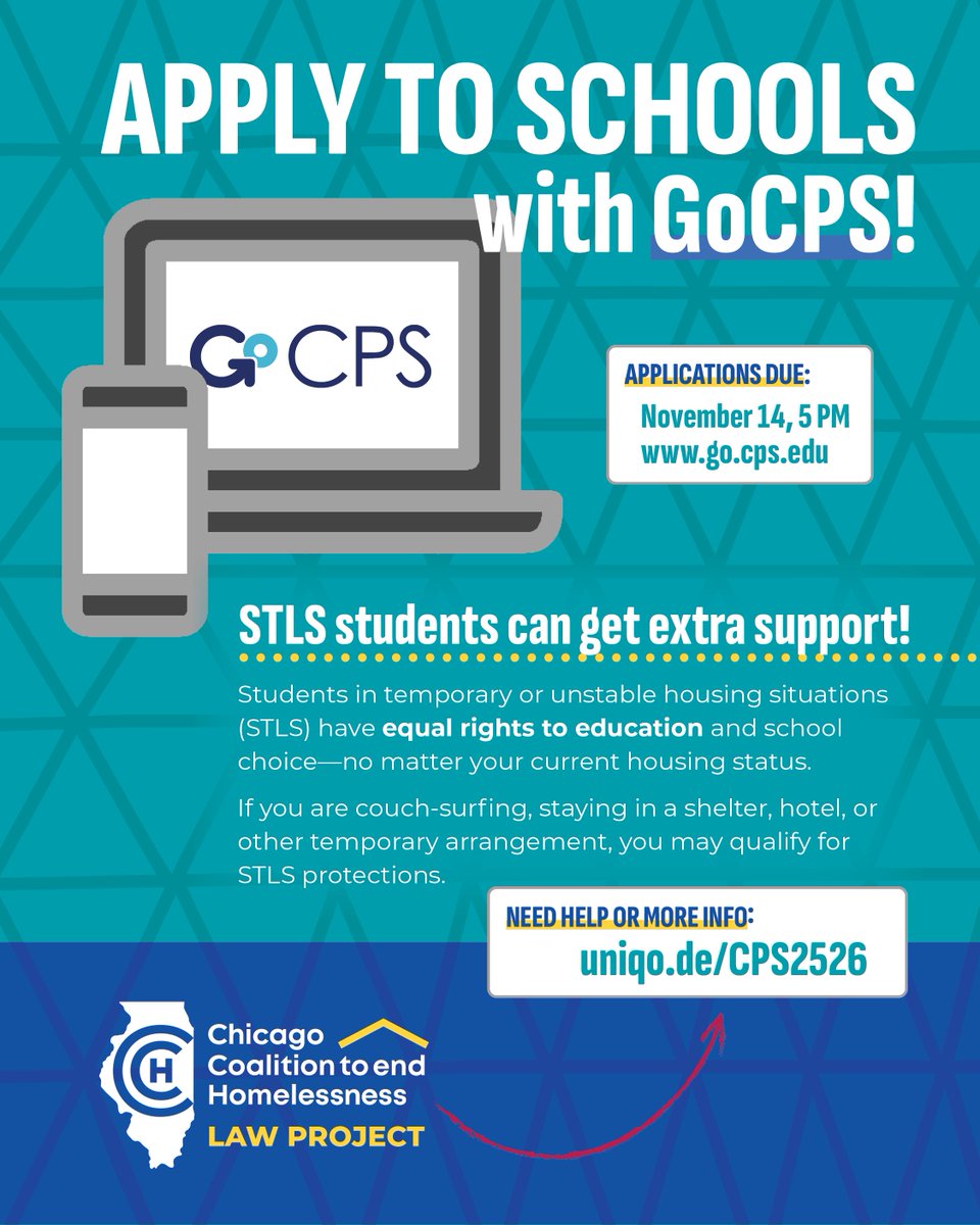 Chicago Public Schools (CPS) has supports in place to help students in temporary living situations access education without disruption. This year’s GoCPS application is due on Friday, November 14 at 5 PM. Learn more and get help from CCH’s Law Project: uniqo.de/CPS2526