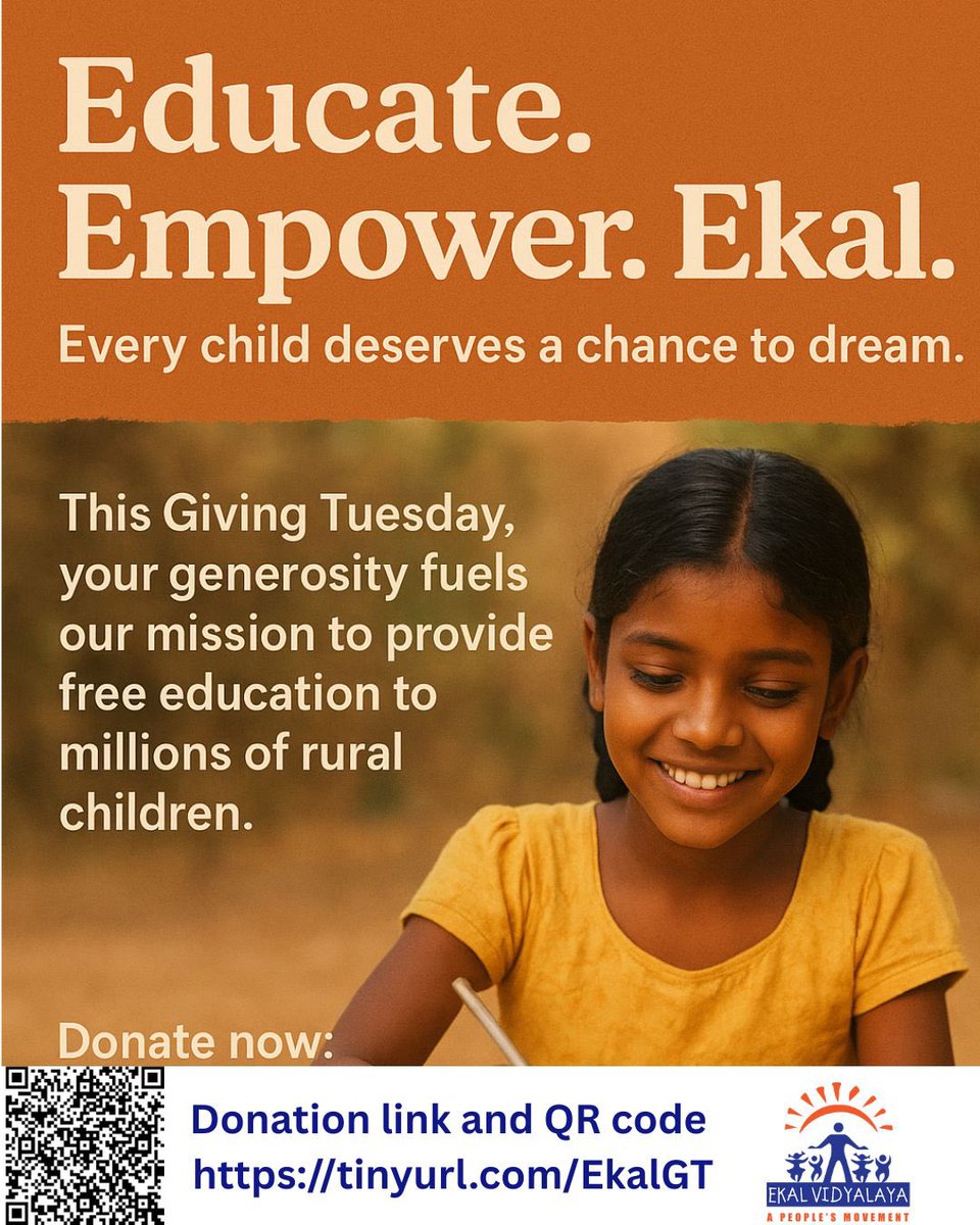 Giving Tuesday starts now! 
Early giving is open - join us in spreading the light of education and learning across rural India. Every gift makes a difference! Donate today: ekal.ca/donate
#GivingTuesdayCA #GivingTuesday #CanadaHelps #Benevity #EkalVidyalaya #EkalAbhiyan