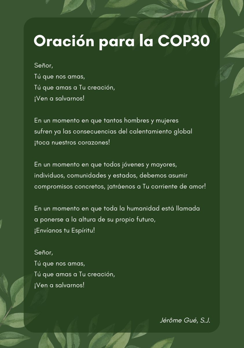 Jesuitas_Mexico's tweet photo. 🌎 Del 10 al 21 de noviembre, en Belém do Pará, #Brasil, se celebrará la COP30, un encuentro crucial que llama a fortalecer los compromisos internacionales por la justicia climática. La Compañía de Jesús reafirma su compromiso con la Cuarta Preferencia Apostólica Universal: cuidar nuestra casa común, y promueve una respuesta donde la fe y la acción son inseparables ante la crisis ecológica global.

Consulta materiales de oración en el siguiente enlace:
📲 https://t.co/TXultwXkKV
#JesuitsforClimateJustice