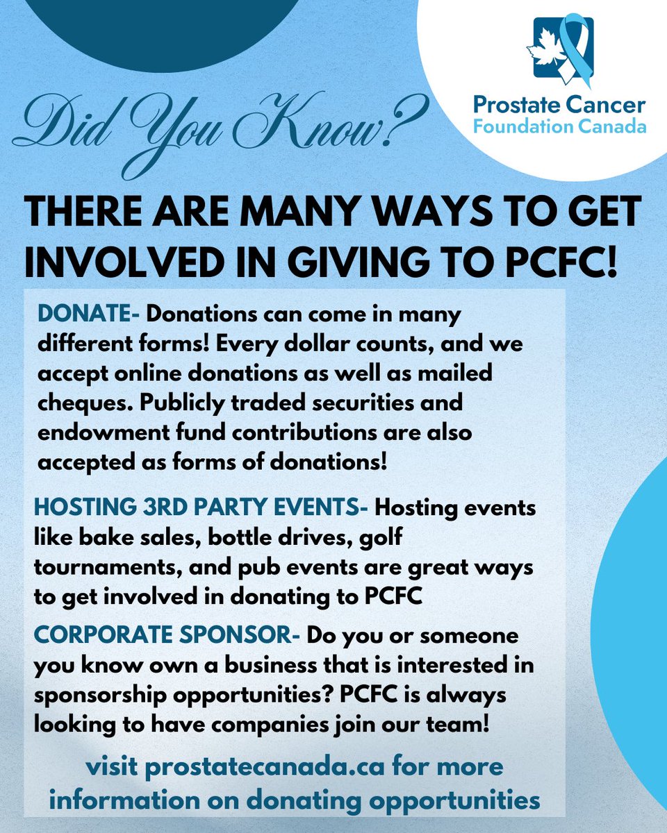 prostatecanada's tweet image. Did you know there are many ways to support the PCFC? 💙
✅ Online donations
✅ Mailed contributions
✅ Host a fundraising event
✅ Corporate sponsorships

Every donation helps us advance prostate cancer research and awareness. Thank you for supporting men’s health. 🙌 #PCFC