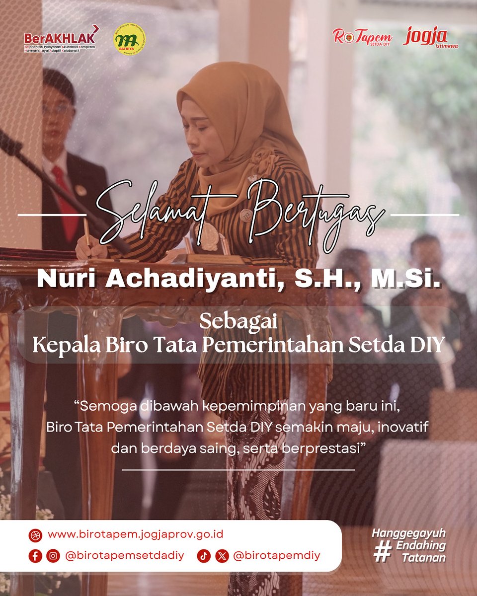 Selamat bertugas Ibu Nuri Achadiyanti, S.H., M.Si. sebagai Kepala Biro Tata Pemerintahan Setda DIY.

Semoga kepemimpinan Ibu membawa semangat baru bagi kemajuan Biro Tata Pemerintahan Setda DIY.

Yogyakarta, 3 November 2025