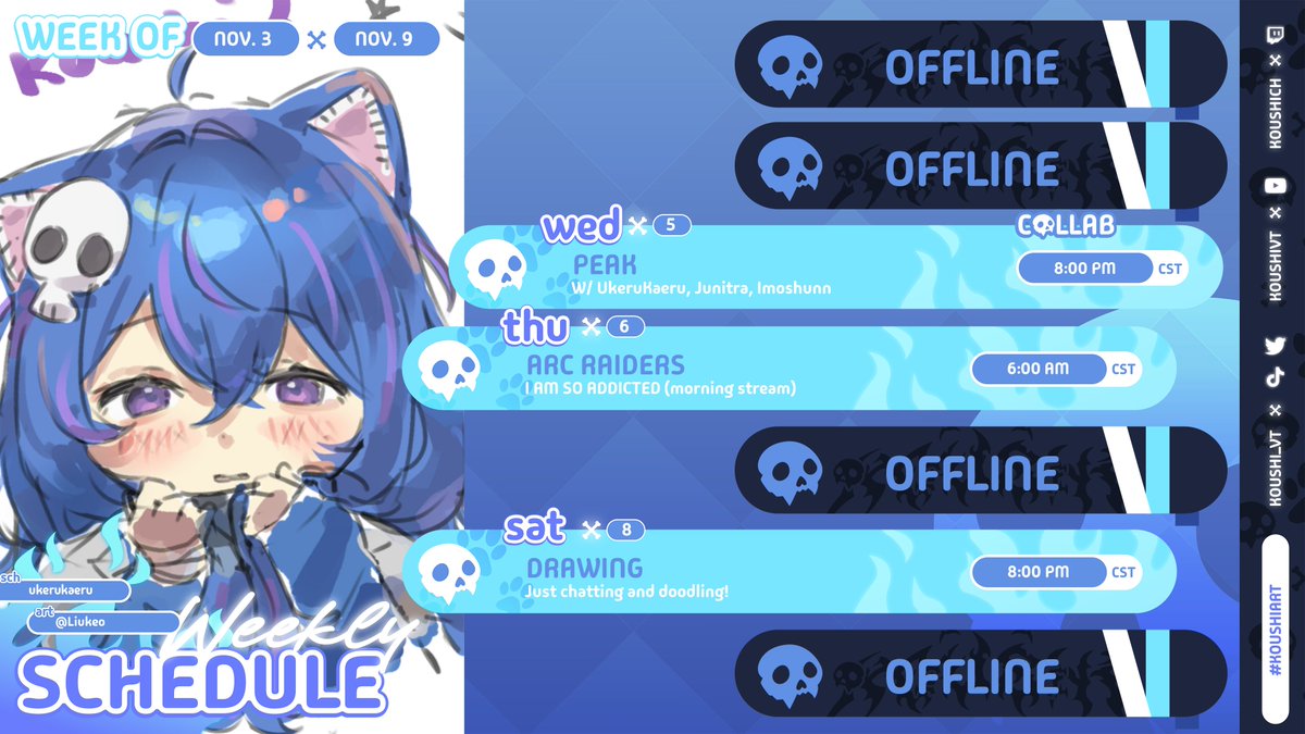 ✨WEEKLY SCHEDULE✨
🗓️[November 3 - November 9]

Playing the new Peak update with @/UkeruKaeru @/jvnitra and @/imoshunn !!

Also chill art stream and morning stream of Arc Raiders! (I am addicted to this game, I may need help)