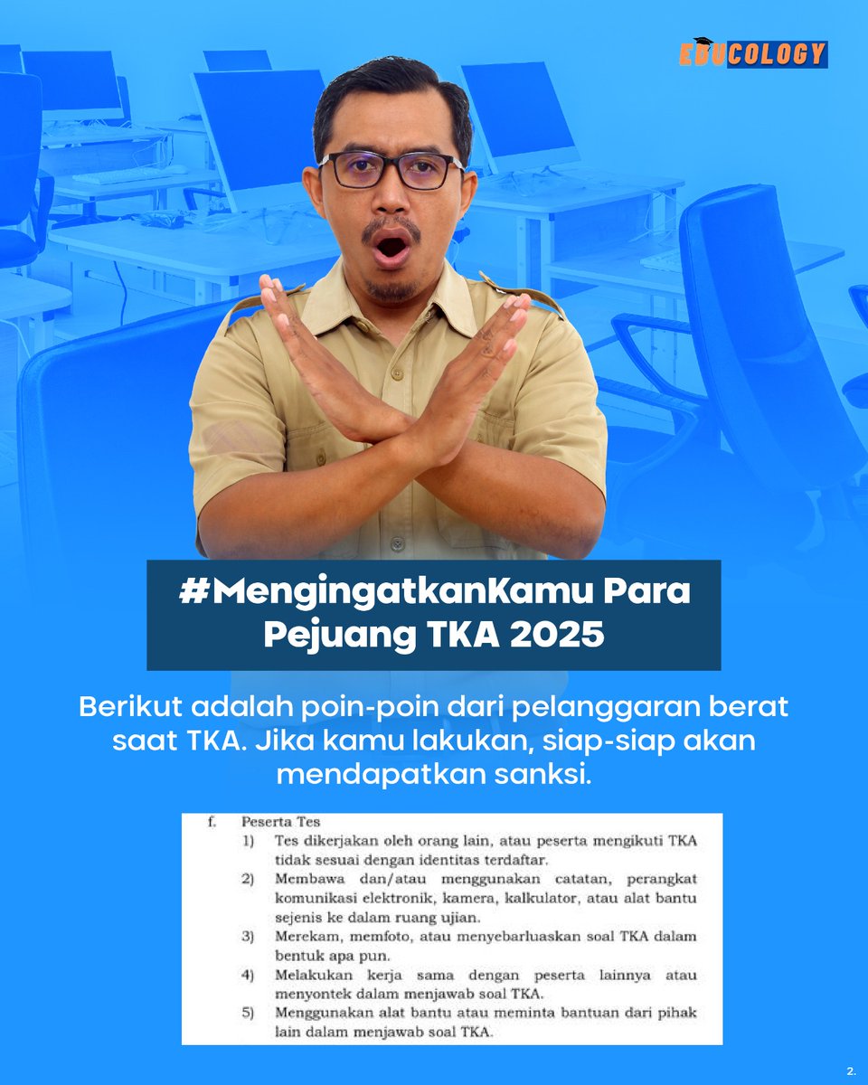 educology_id's tweet photo. Kerjakan soal TKA nyontek ❌
Kerjakan soal TKA jujur dong ✅

Teruntuk peserta TKA 2025 yuk sama-sama kita stop normalisasi hal-hal negatif dan kecurangan di TKA. Percayalah pada kemampuan diri sendiri, apapun itu hasilnya  💪🏻✨

#TKA #TKAJujurGembira #TesKemampuanAkademik #Agit https://t.co/iC6UPE8Nlc