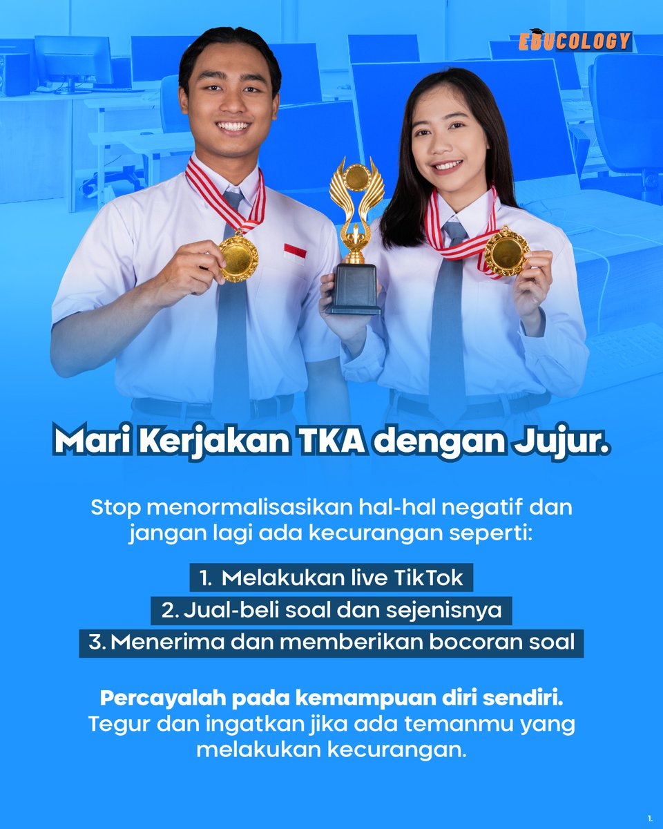educology_id's tweet photo. Kerjakan soal TKA nyontek ❌
Kerjakan soal TKA jujur dong ✅

Teruntuk peserta TKA 2025 yuk sama-sama kita stop normalisasi hal-hal negatif dan kecurangan di TKA. Percayalah pada kemampuan diri sendiri, apapun itu hasilnya  💪🏻✨

#TKA #TKAJujurGembira #TesKemampuanAkademik #Agit https://t.co/iC6UPE8Nlc