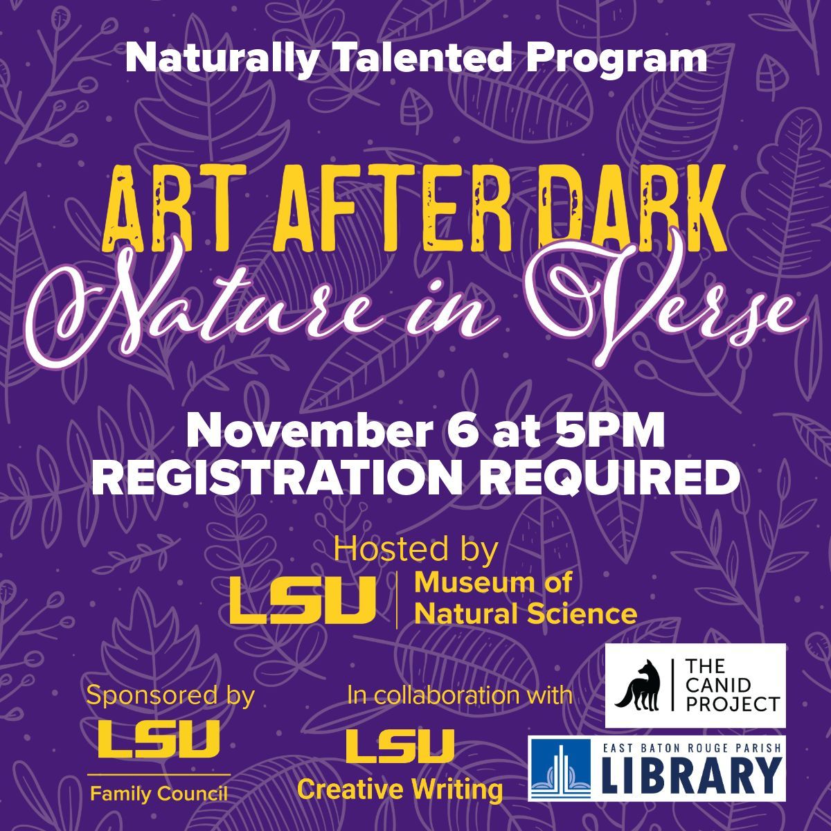 LSUCWprogram's tweet image. Calling all nature lovers, artists and poets 📢🍃

Programming includes a presentation by the Canid Project on wildlife conversation, resources from EBRPL, and a generative poetry writing session with Adam.

Spots are filling up quick; register now at link in bio!