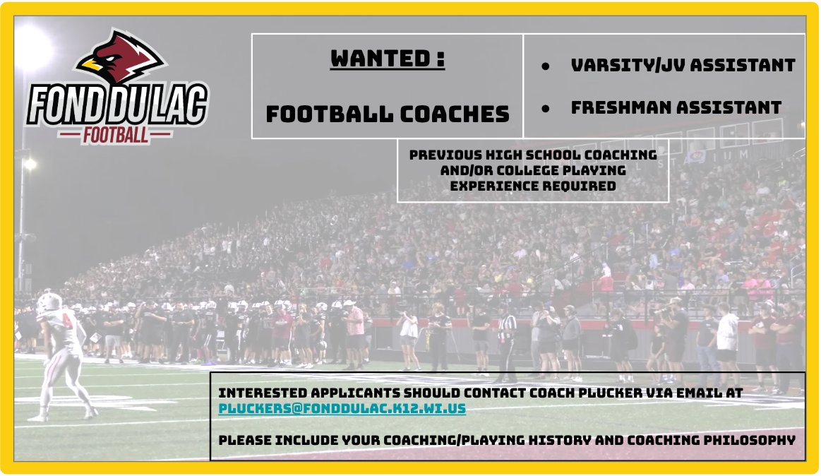 Fondy Football <a href="/FondyFB/">Fond du Lac Football</a> is looking for GREAT coaches. Fondy has qualified for the playoffs each year since 2013 with a level 3 appearance in 2023. Coaches who are certified teachers are desired and open positions in most areas are anticipated next school year.

<a href="/TravisBOUND/">Travis Wilson</a>