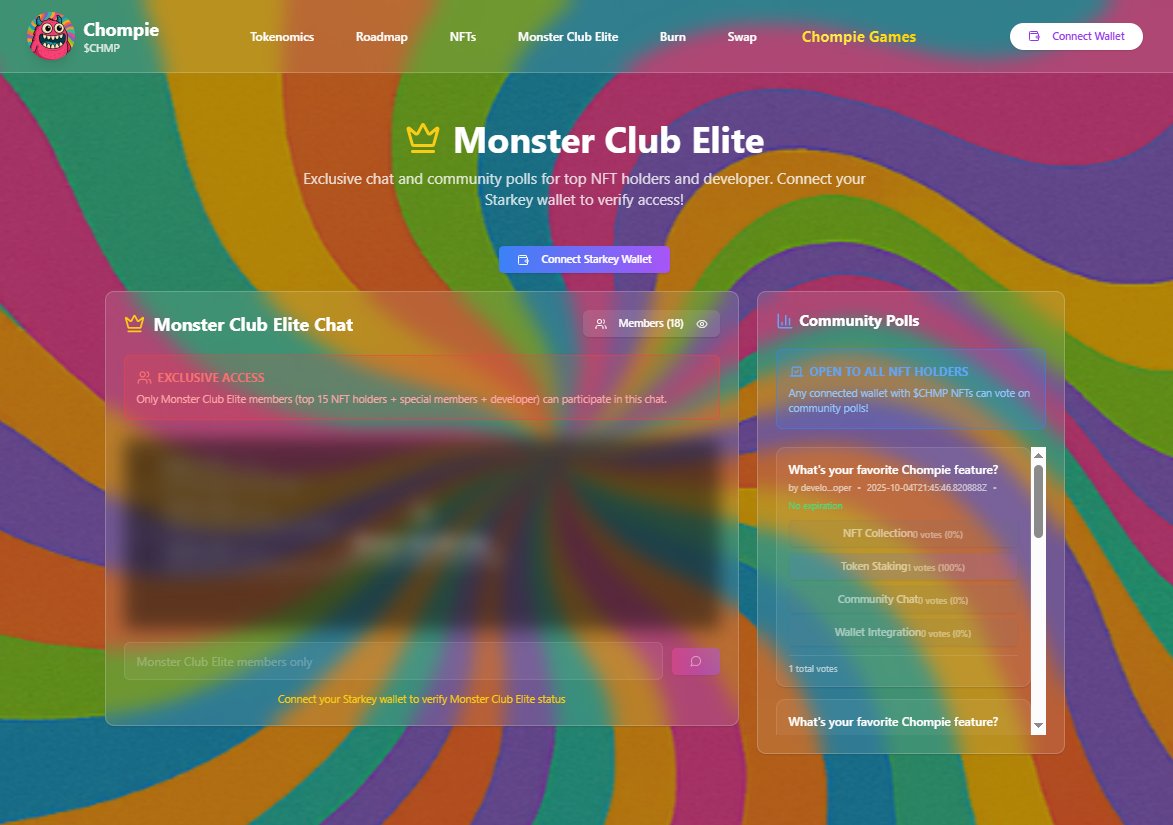 GM Chompers! ☀️

🚨 Two new lairs have opened on our website:

🎮 Chompie Games – Where the fun begins. (Stay tuned for the play-to-chomp requirements 👀)

💎 Monster Club Elite – VIP chat for our top 15 NFT holders + partners. Early alpha. Secret sauce. Monster gossip. 🧃

Enter