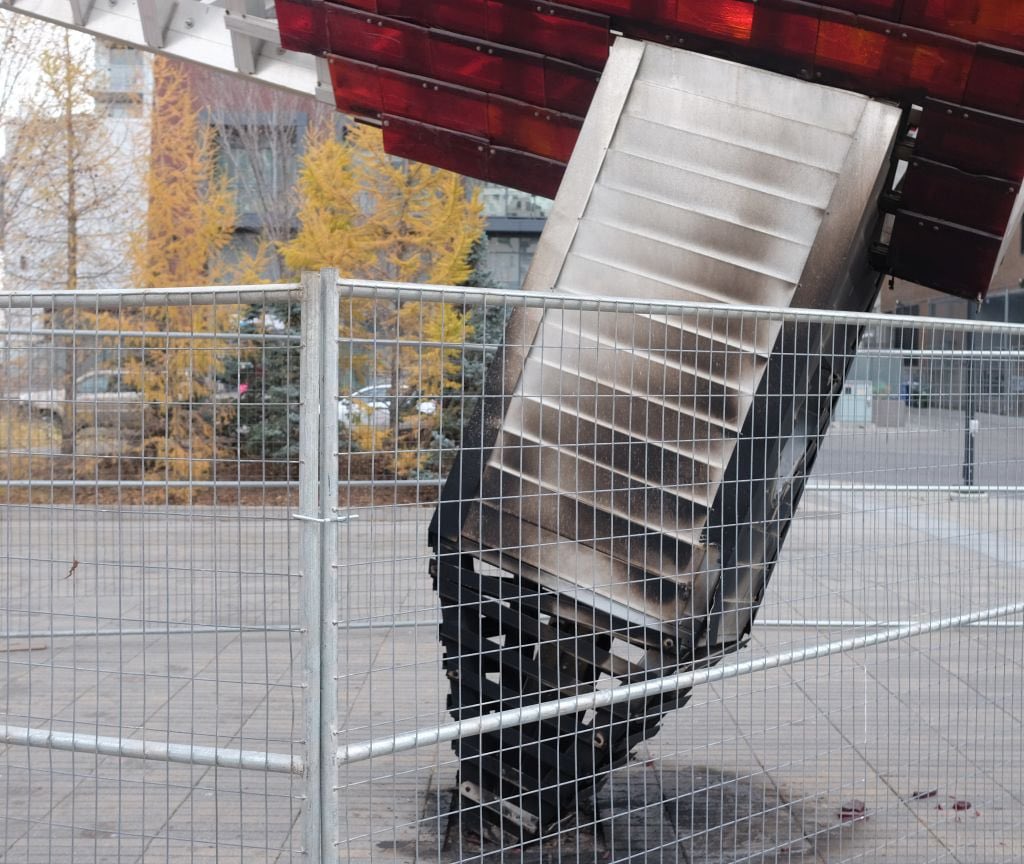 everydaytourist's tweet image. Anybody know when this happened. So sad. Another example of the how public spaces are not safe anymore for the public. Wonder how quickly it will get repaired. @CalgaryMLC  @EastVillageYYC @CalgaryArtsDev @cmcalgary @GiantBlueRing #publicspaces #downtownsafety #urbanliving