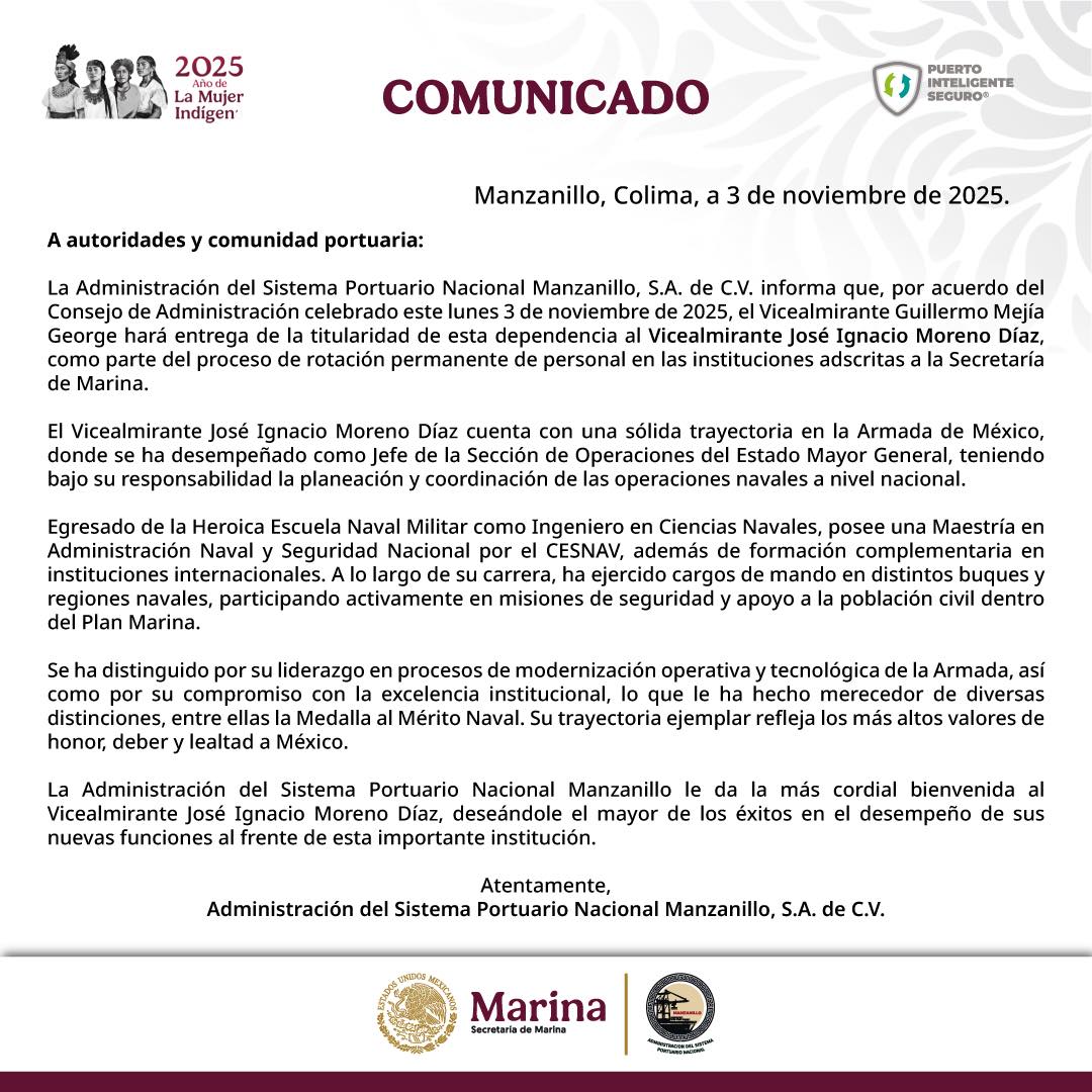 Le damos la bienvenida al Vicealmirante José Ignacio Moreno Díaz, nuevo Director de ASIPONA Manzanillo 🙌🚢⚓