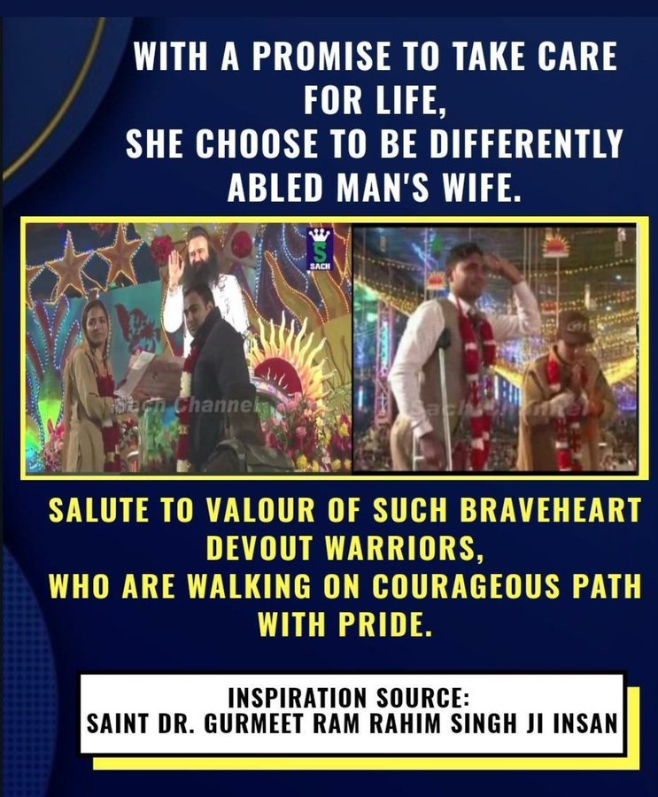 Sandeep15048's tweet image. The educated girls from good families have vowed to married differently abled boys and Special name given by Saint Gurmeet Ram Rahim Singh to those courageous women as #BraveheartDevoutWarrior and also many women pledge to marry the physically challenged men and take care of them