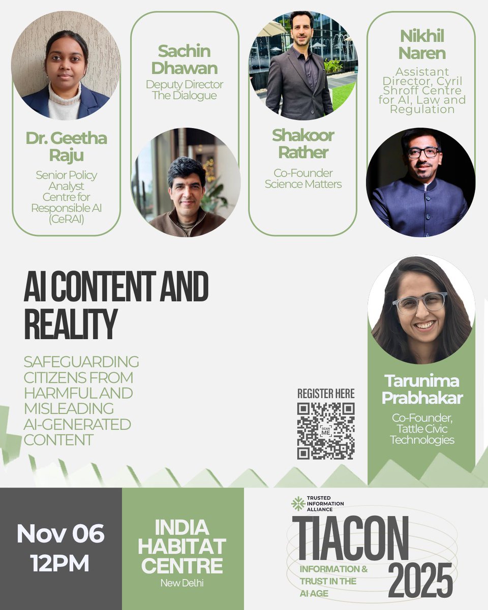 🎭 AI Content &amp; Reality
Join us at #TIACoN2025 for a discussion on harmful AI-generated content with:
<a href="/Lyciast/">Tarunima Prabhakar</a> <a href="/nikhilnaren31/">Nikhil Naren</a> <a href="/GeethR18/">Dr. Geetha Raju</a> <a href="/ShakoorRather/">Shakoor Rather</a> &amp; Sachin Dhawan
🗓️ Nov 6 | New Delhi
🔗 Register: forms.gle/USZ8APZTq7ynzd…

#DigitalTrust #SyntheticMedia