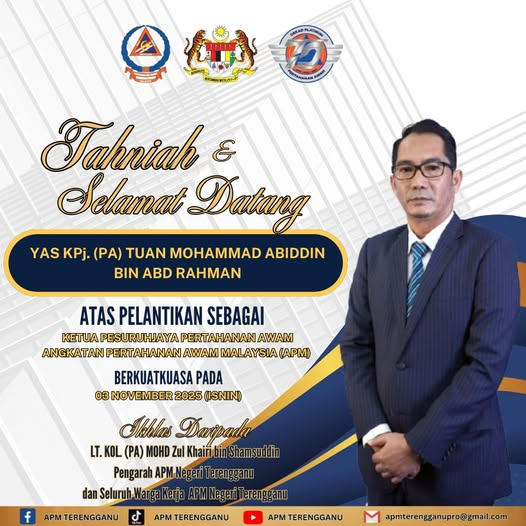 Sekalung tahniah dan selamat datang diucapkan kepada YAS KPj. (PA) Tuan Mohammad Abiddin bin Abd Rahman atas pelantikan sebagai Ketua Pesuruhjaya Pertahanan Awam, Angkatan Pertahanan Awam Malaysia (APM) yang berkuatkuasa pada 03 November 2025 (Isnin).