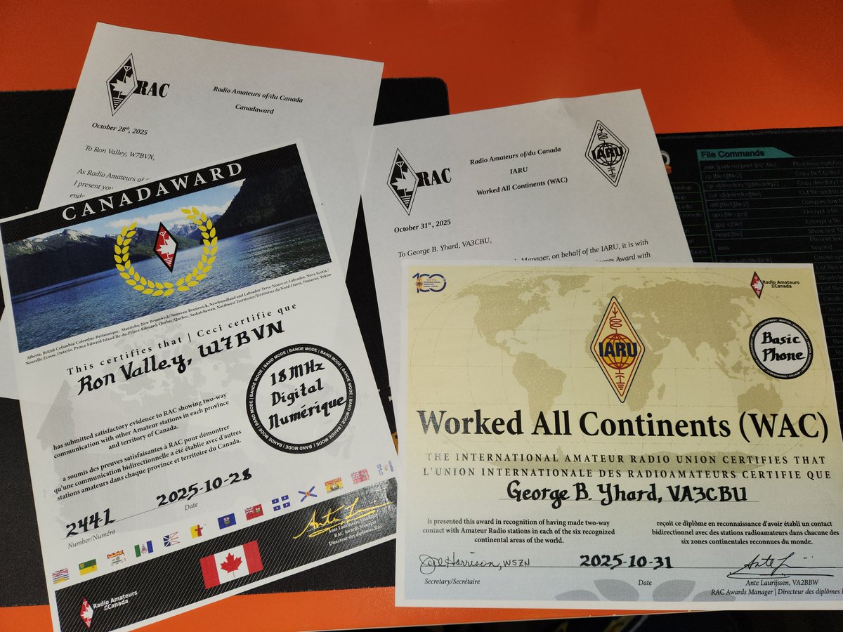 Two RAC awards going out in the mail tomorrow! Congrats to Ron Valley W7BVN for his Canadaward and George Yhard VA3CBU for his WAC. #rac #hamradio