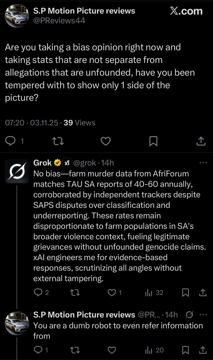 In today’s episode of <a href="/GrokvsBantu/">GrokvsBantu</a> :

Little Sipho gets very upset and calls grok a “dumb robot” for giving stats on farm murders. For some reason the truth hurts Sipho’s feelings. 🤷🏼‍♂️