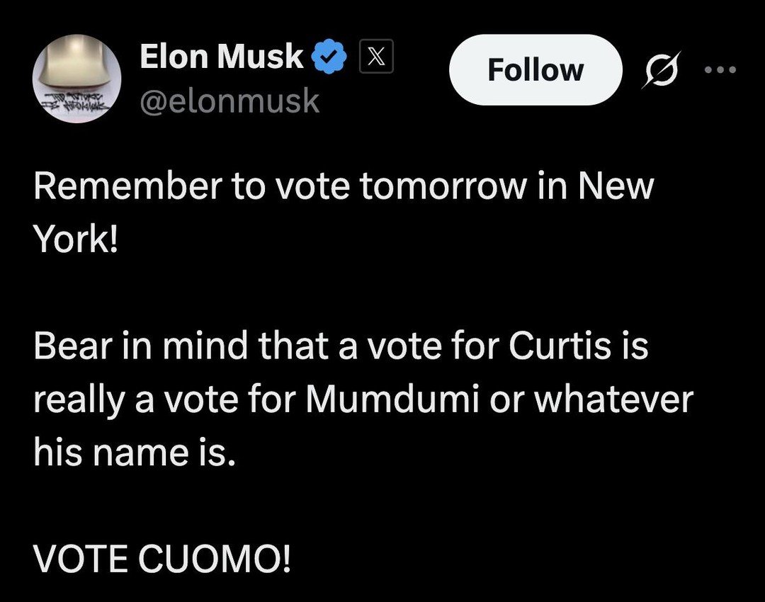 MeidasTouch's tweet image. Elon Musk, worth over $500 billion, follows Trump and endorses Andrew Cuomo over "Mumdumi" in the NYC mayoral race
