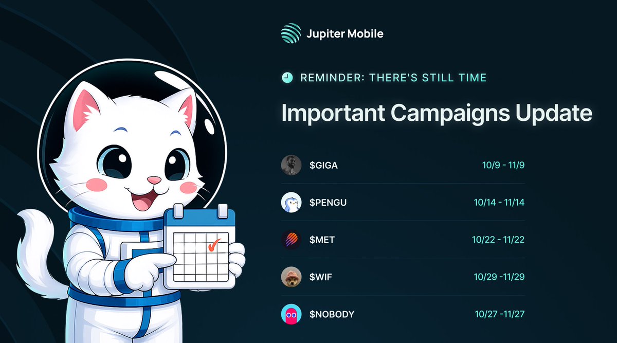jup_mobile's tweet image. Reminder: Our community collaboration campaigns are ending soon.

Check the exact requirements and end dates below! 
👇