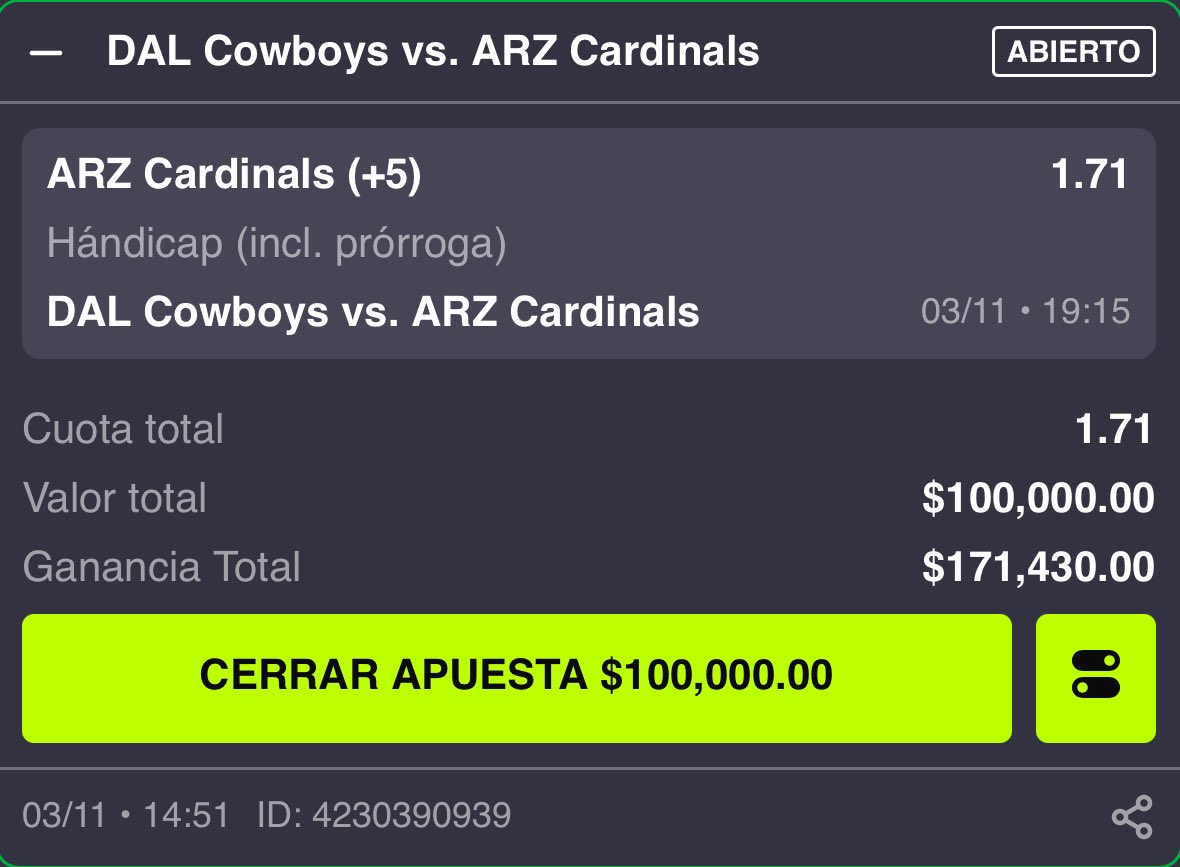 METÍ ESTA APUESTA PARA EL MONDAY NIGHT FOOTBALL. HOY ME ENCANTA ARIZONA, SE QUE LA MAYORÍA IRÁ CON DALLAS PERO ME GUSTAN MUCHO LOS CARDINALS. SI GANO REGALARÉ TRANSFERENCIAS ENTRE LOS RTS DE ESTE TWEET, TIENEN QUE DARLE ANTES DE QUE INICIE EL JUEGO. VENGA CARDINALS.