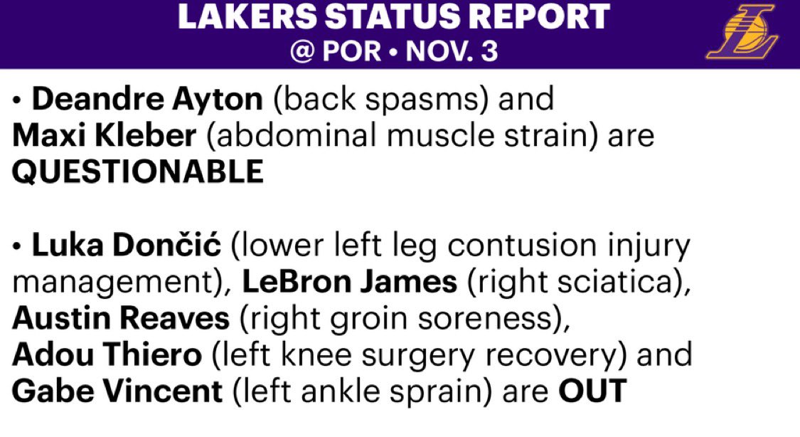 The Lakers have ruled Luka Dončić and Austin Reaves out tonight in Portland on the second night of a back-to-back: