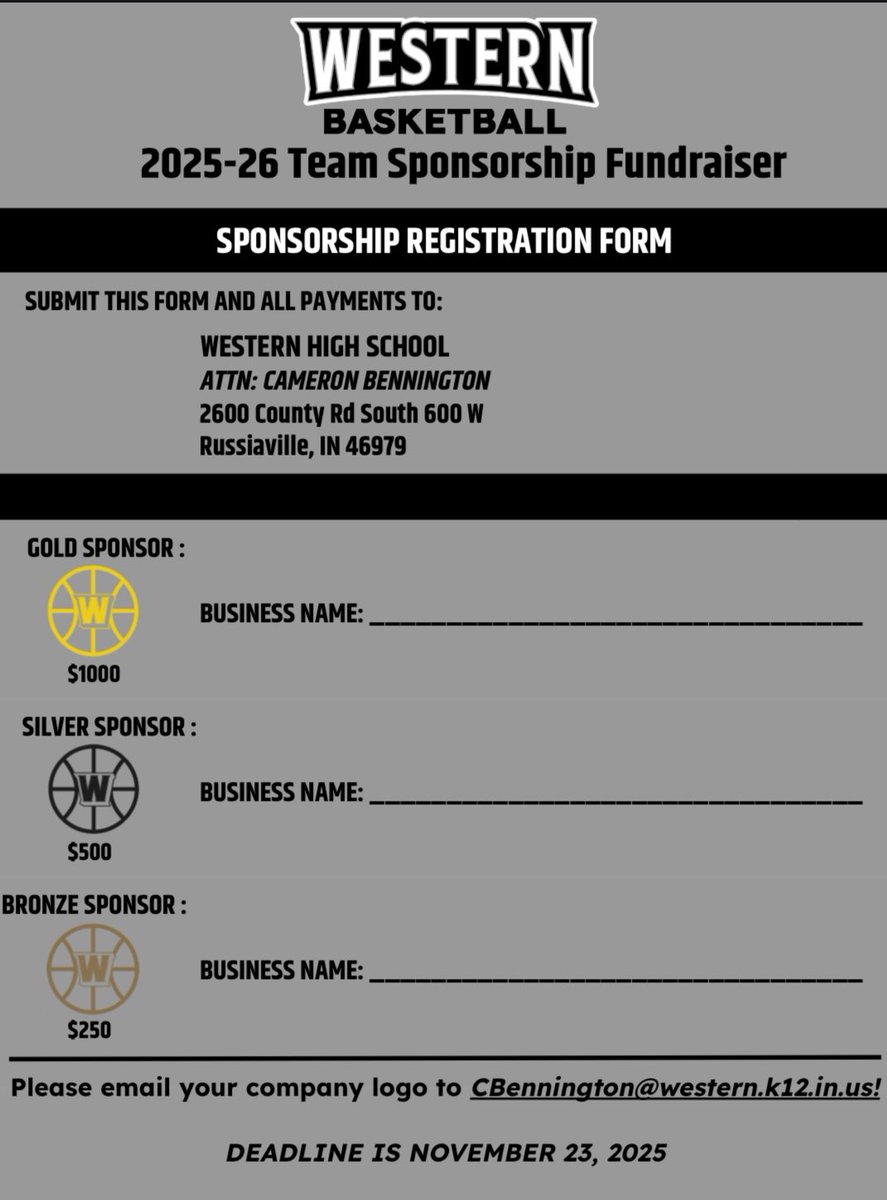 🚨 👀 Support Western Basketball with your business ‼️

💰 100% of proceeds go directly back to our program 

📱 Receive digital promotion and physical recognition at home games while supporting Western Basketball players 

🙌🏻 THANK YOU for your consideration