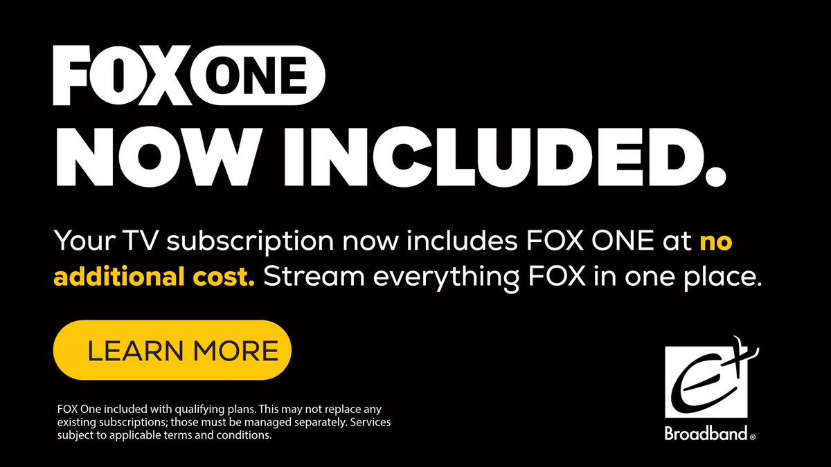Exciting News! FOX ONE is now included with your TV subscription! FOX ONE is the new streaming app from FOX, bringing you live and on-demand access to the full lineup of FOX networks—all at no additional cost for our TV subcribers. See more: eplusbroadband.com/learning-cente…