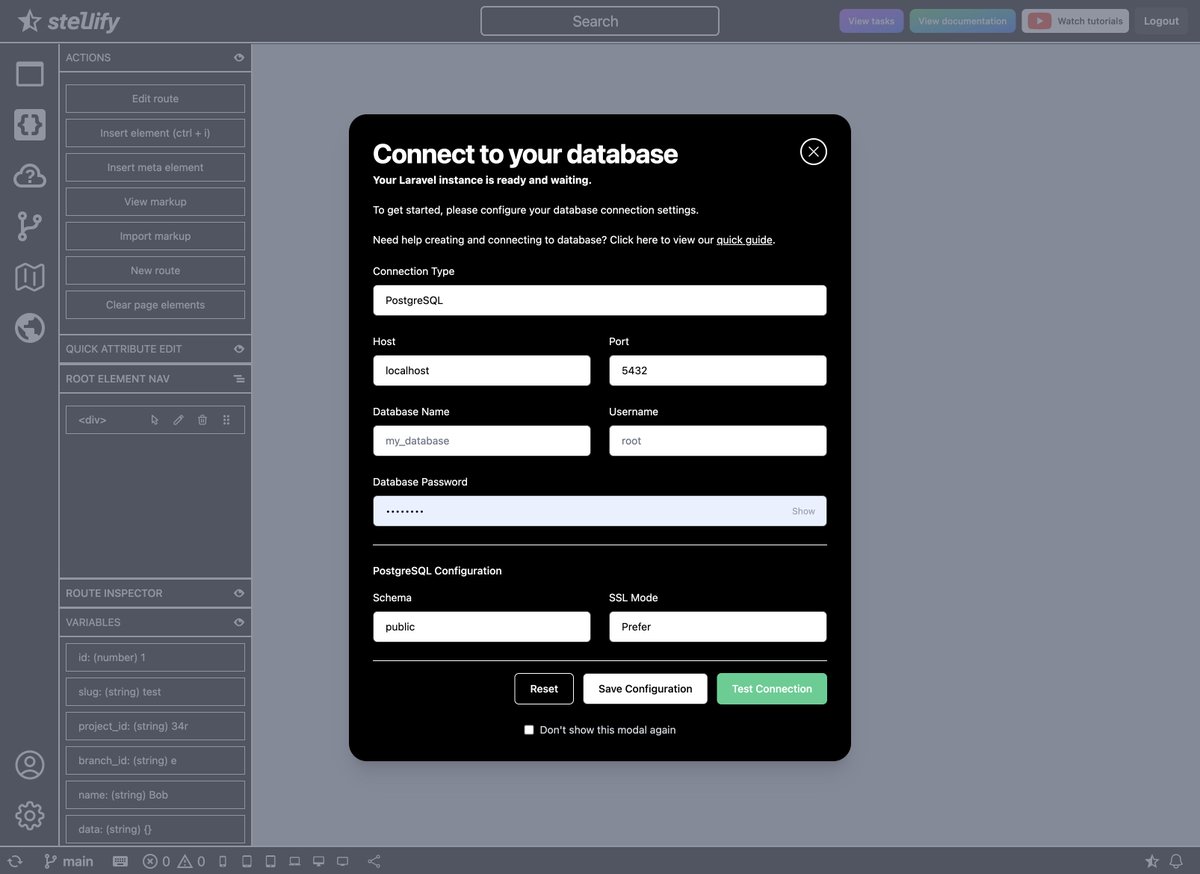Today I've improved Stellify's database connection UI and provided a link to our documentation page that includes guides on how to setup and connect to providers such as <a href="/supabase/">Supabase</a> and <a href="/laravelphp/">Laravel</a> Cloud.

#buildinpublic