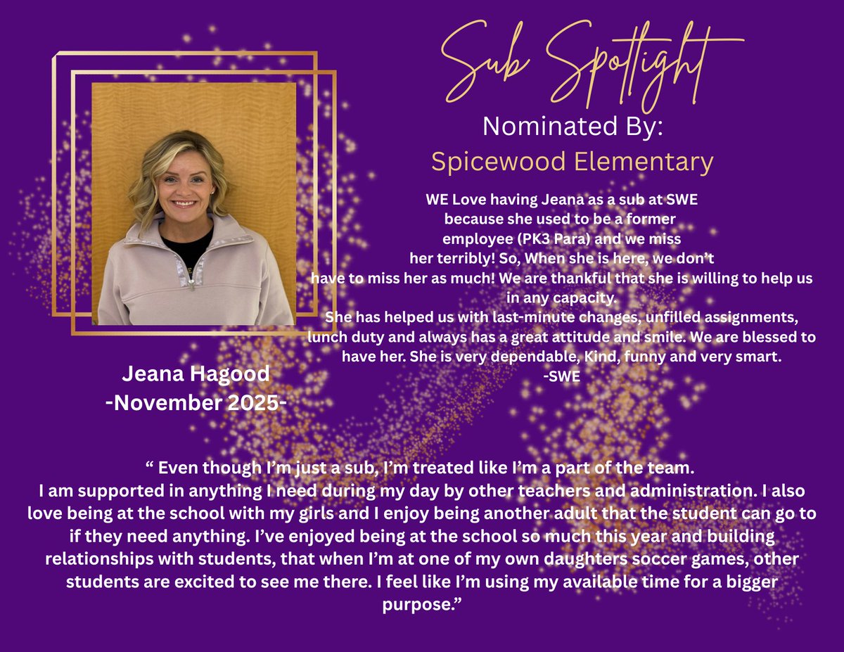 💜Substitute Spotlight 💛

This month's Sub Spotlight is Jeana Hagood from Spicewood Elementary School!
"We love having Jeana as a sub at SWE...We are thankful that she is willing to help us out in any capacity." 
Thank you, Mrs. Hagood for loving and inspiring our students! 💜💛